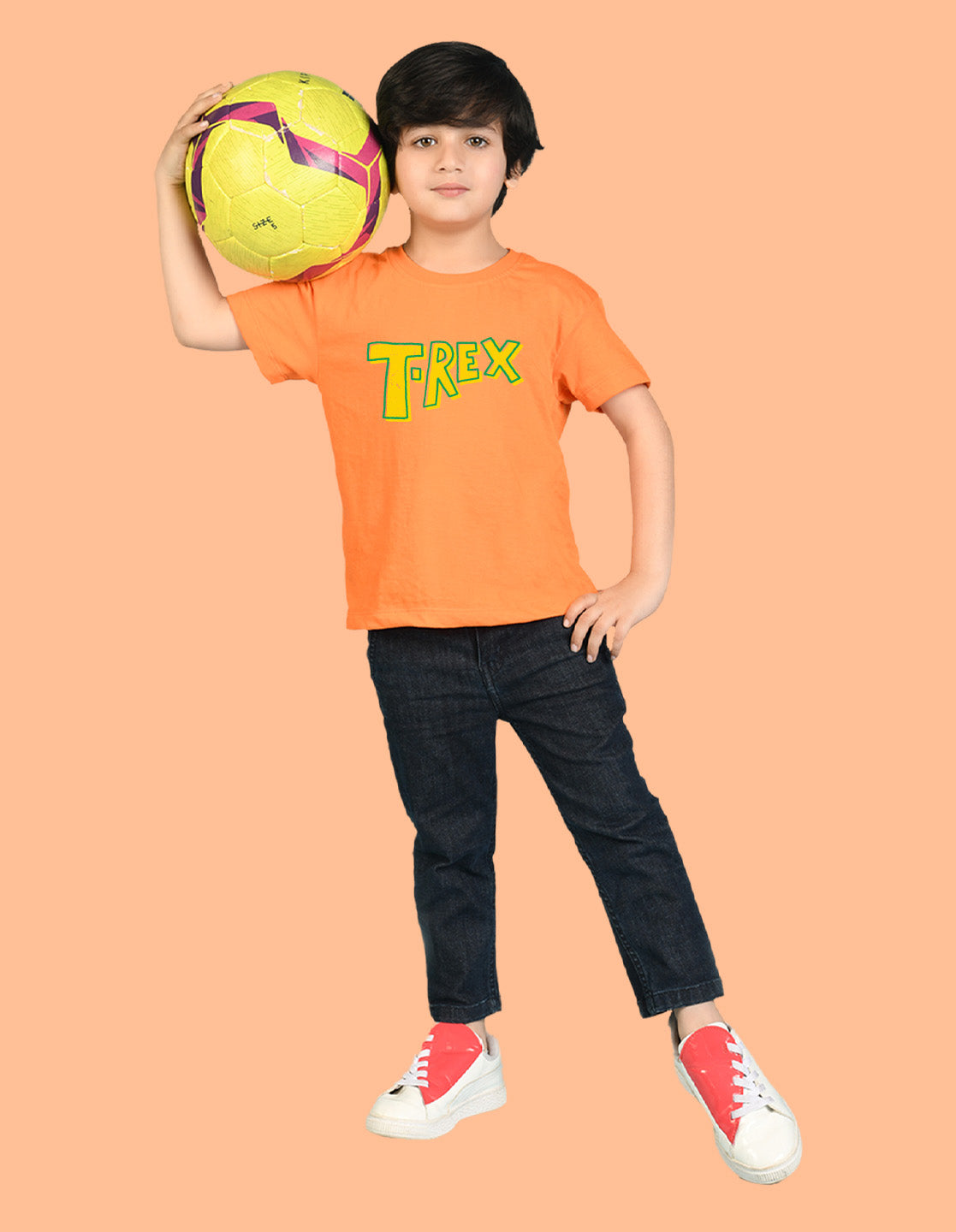 Nusyl Boys Orange T-Rex Text Printed Short Sleeve Oversized T-Shirt