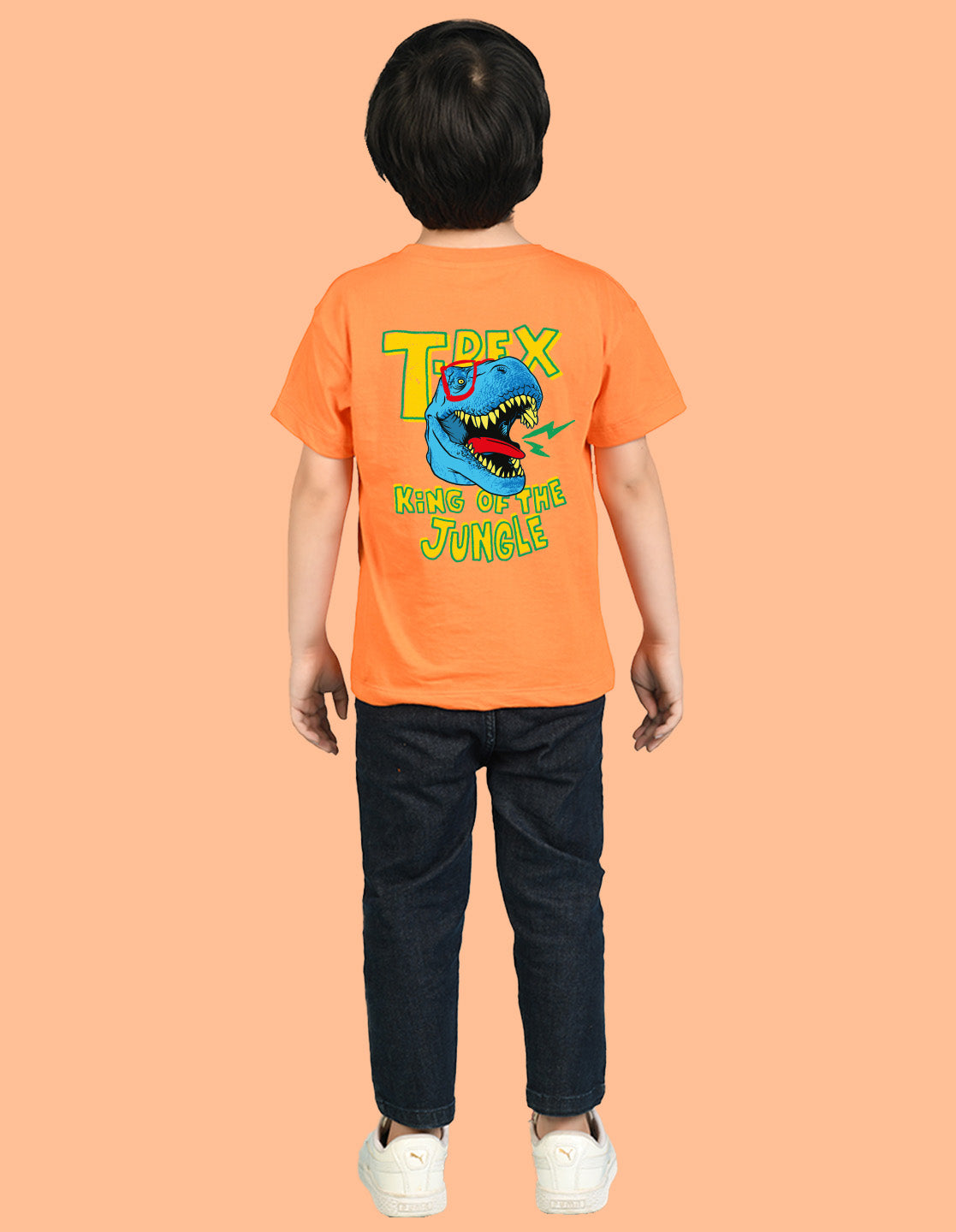 Nusyl Boys Orange T-Rex Text Printed Short Sleeve Oversized T-Shirt