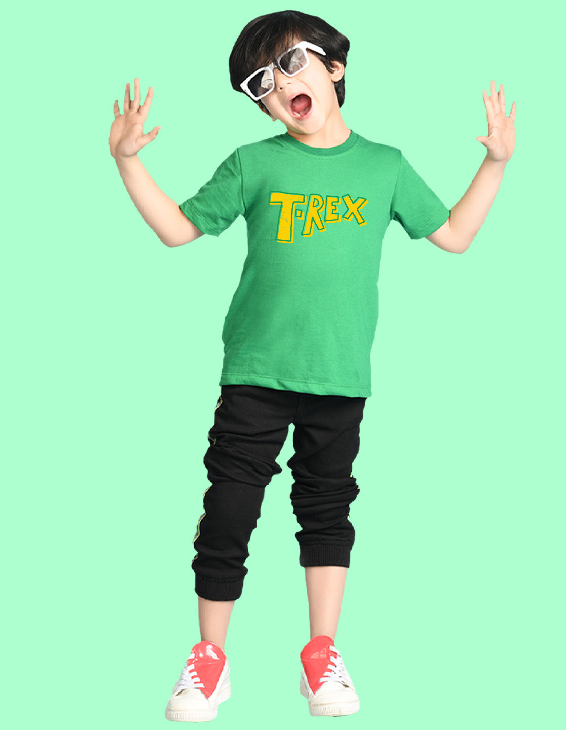 Nusyl Boys Green T-Rex Text Printed Short Sleeve Oversized T-Shirt