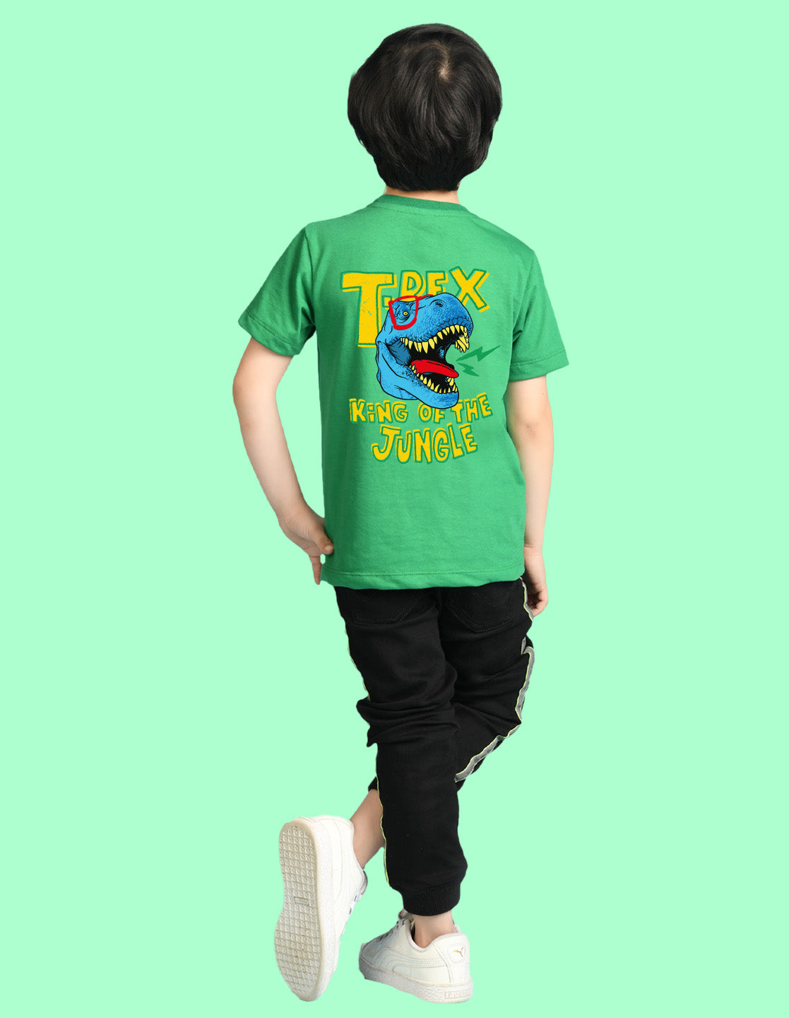 Nusyl Boys Green T-Rex Text Printed Short Sleeve Oversized T-Shirt