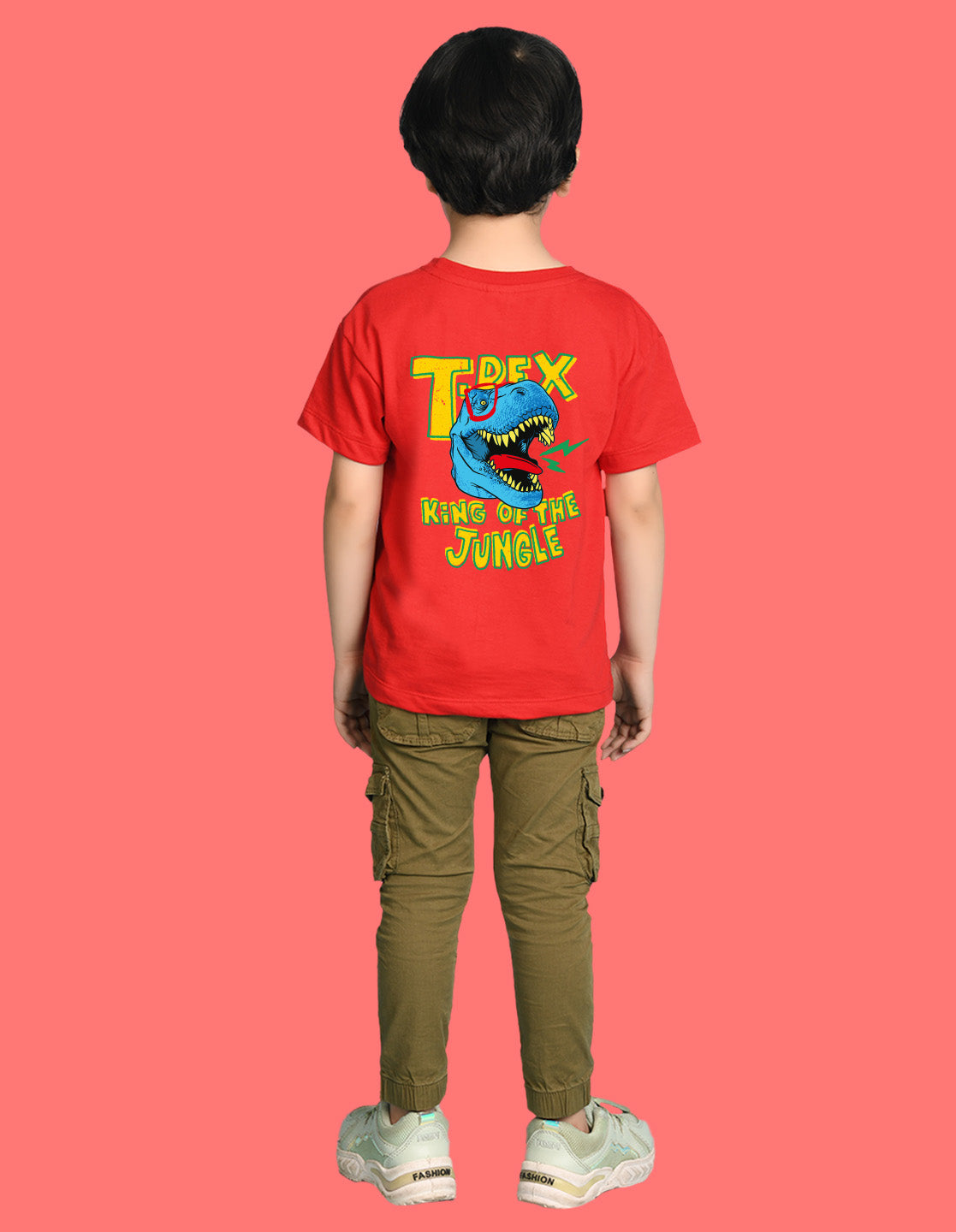 Nusyl Boys Red T-Rex Text Printed Short Sleeve Oversized T-Shirt