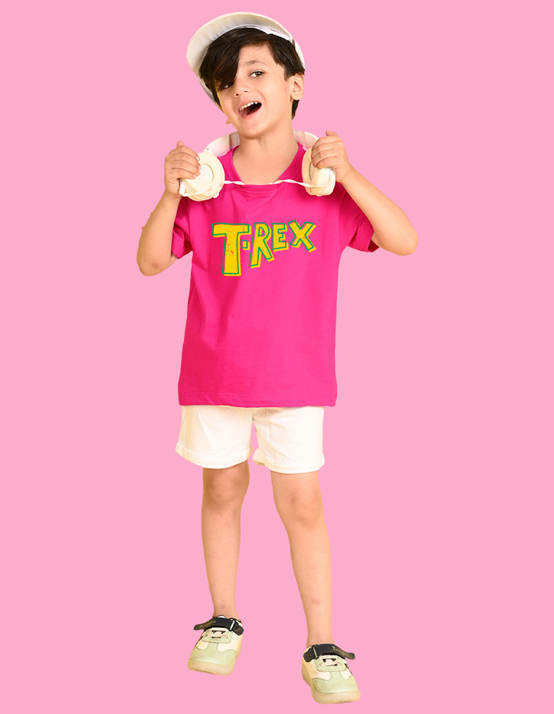 Nusyl Boys Hot Pink T-Rex Text Printed Short Sleeve Oversized T-Shirt