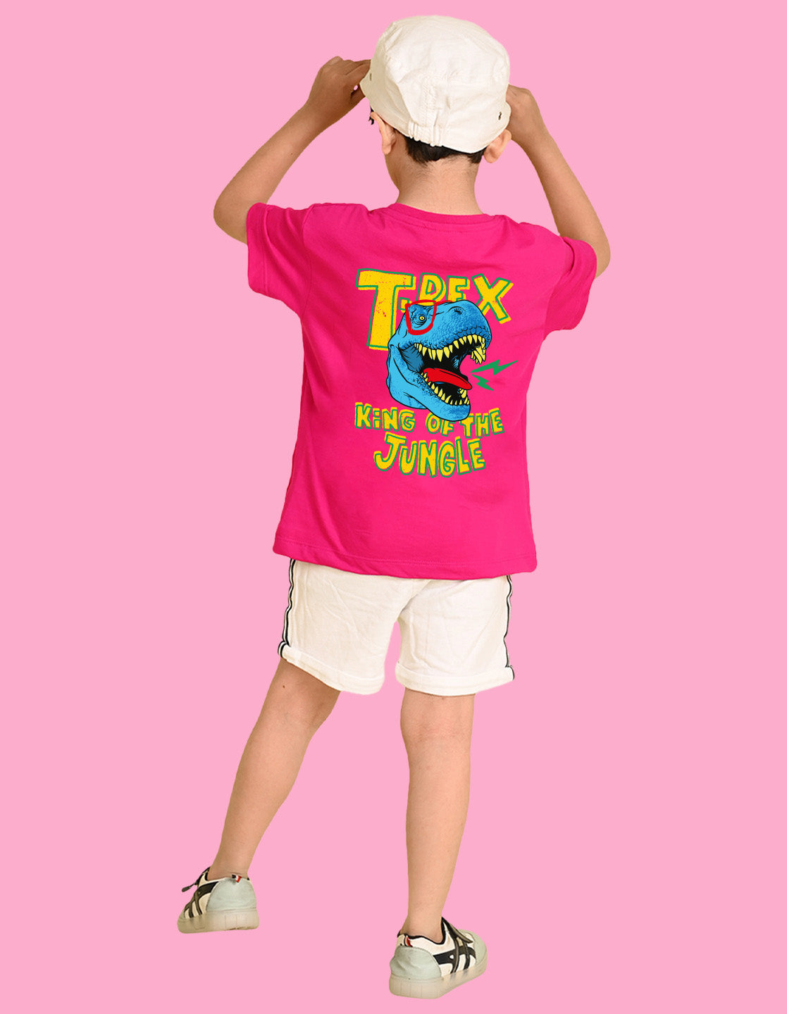 Nusyl Boys Hot Pink T-Rex Text Printed Short Sleeve Oversized T-Shirt