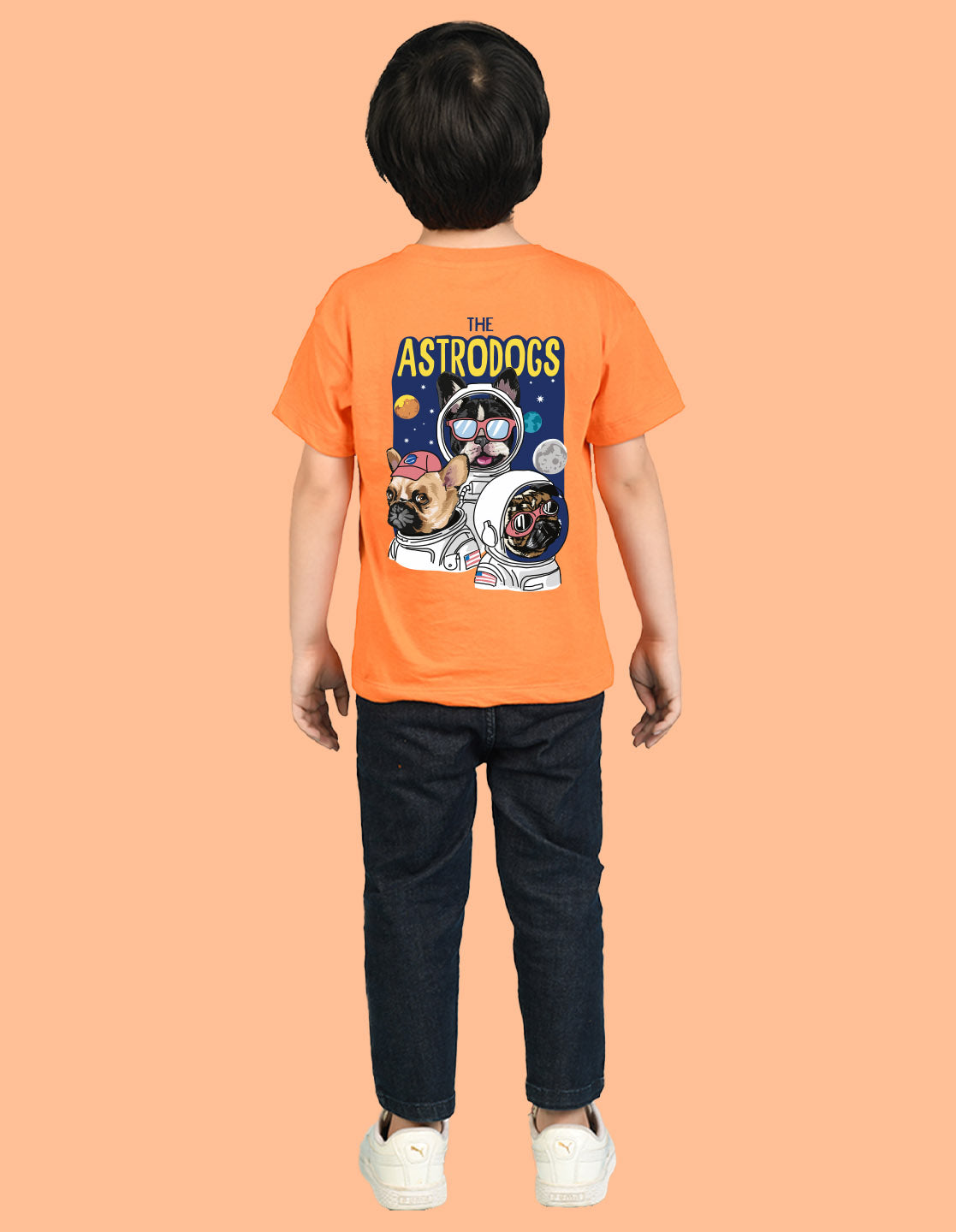 Nusyl Boys Orange The Astrodogs Text Printed Short Sleeve Oversized T-Shirt