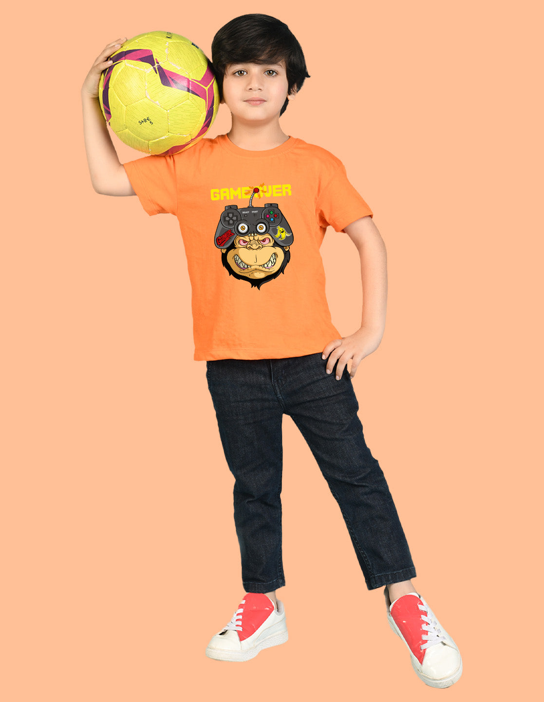 Nusyl Boys Orange Game Over Text Printed Short Sleeve Oversized T-Shirt