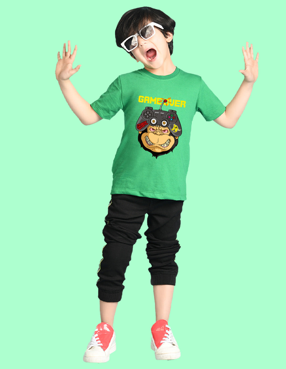 Nusyl Boys Green Game Over Text Printed Short Sleeve Oversized T-Shirt