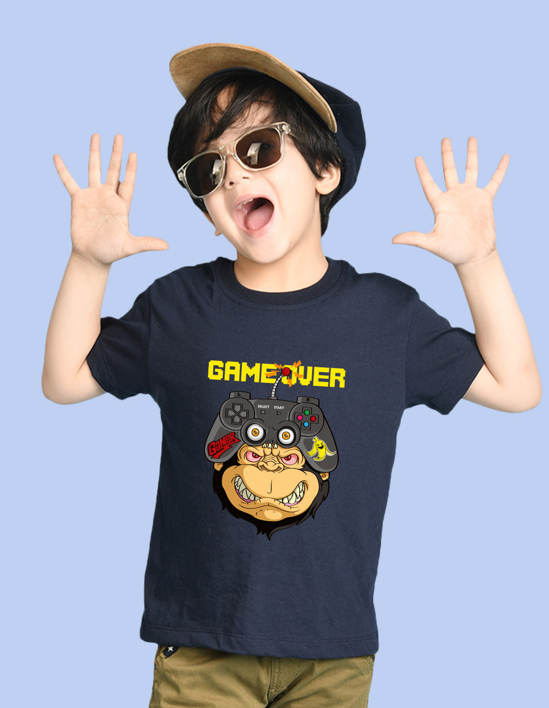 Nusyl Boys Navy Blue Game Over Text Printed Short Sleeve Oversized T-Shirt