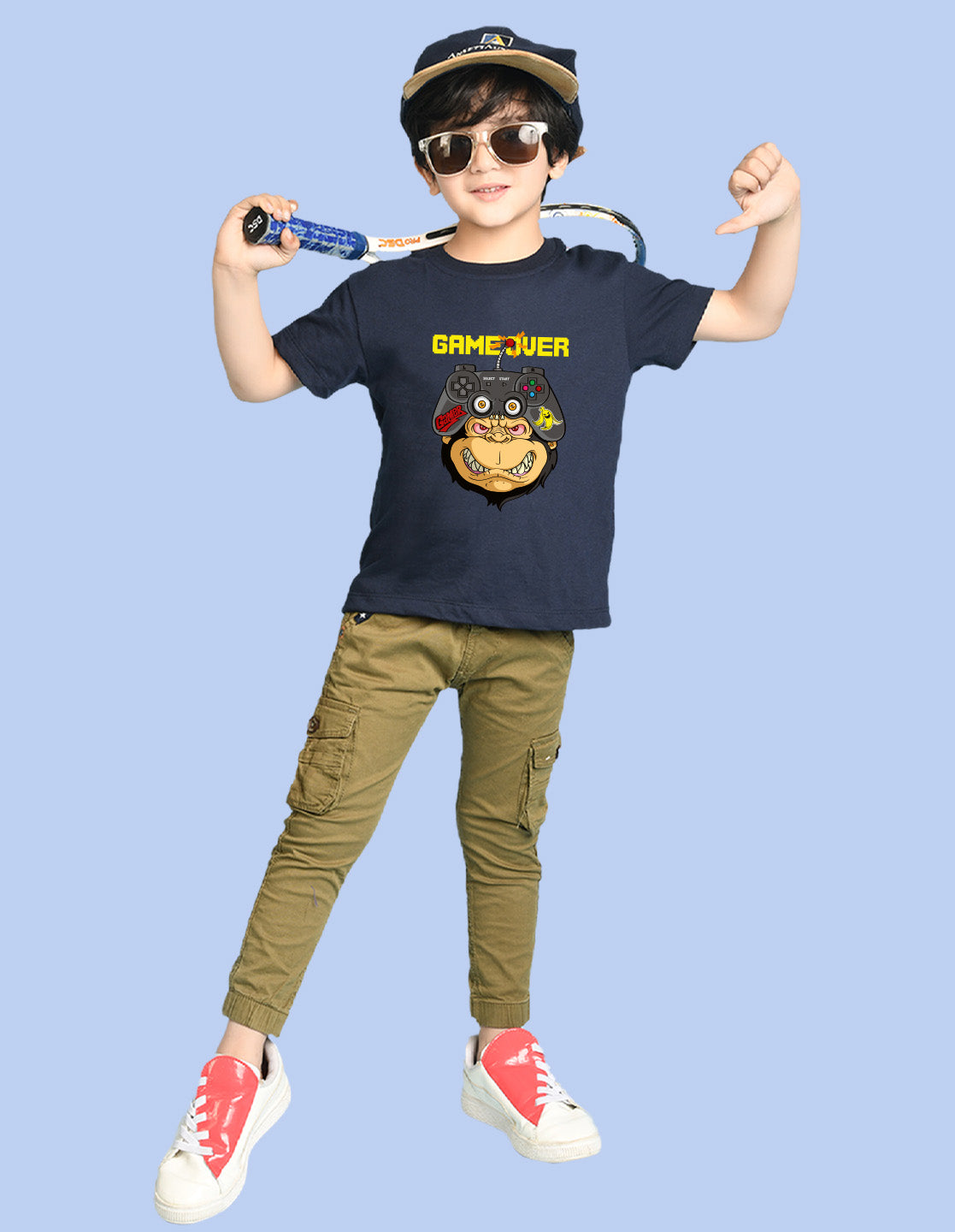 Nusyl Boys Navy Blue Game Over Text Printed Short Sleeve Oversized T-Shirt