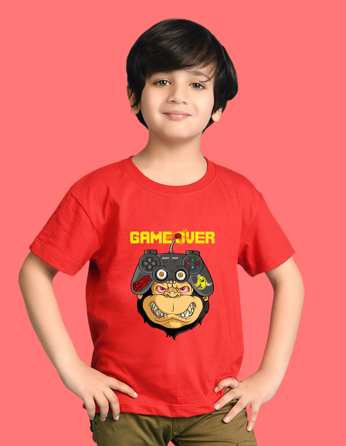 Nusyl Boys Red Game Over Text Printed Short Sleeve Oversized T-Shirt