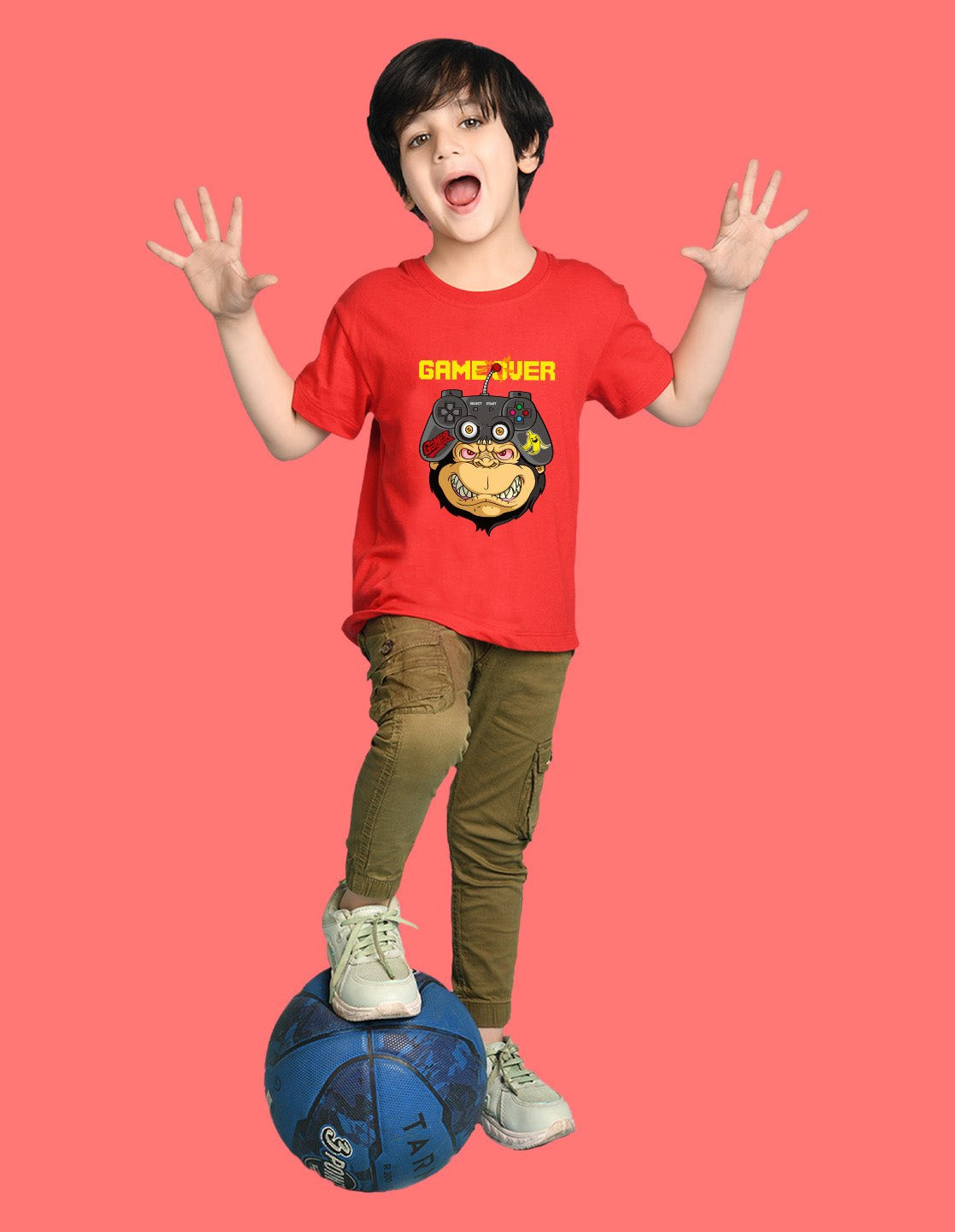 Nusyl Boys Red Game Over Text Printed Short Sleeve Oversized T-Shirt