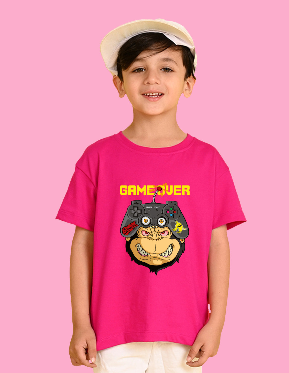 Nusyl Boys Hot Pink Game Over Text Printed Short Sleeve Oversized T-Shirt