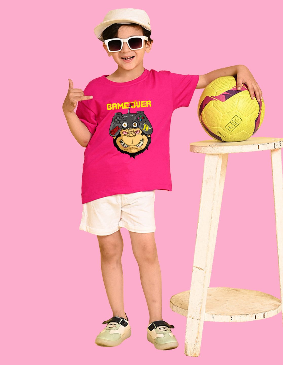 Nusyl Boys Hot Pink Game Over Text Printed Short Sleeve Oversized T-Shirt