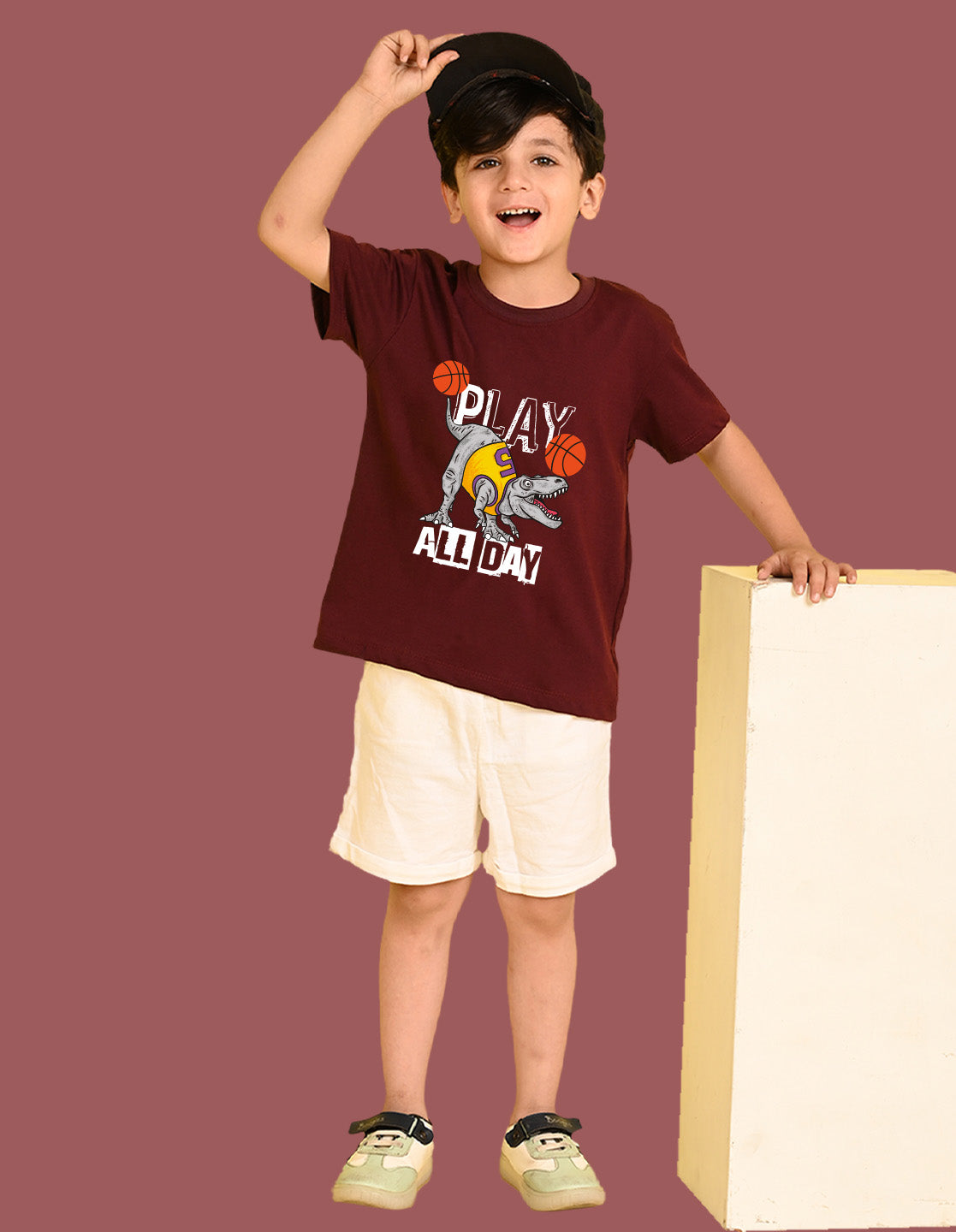 Nusyl Boys Wine Play All Day Text Printed Short Sleeve Oversized T-Shirt
