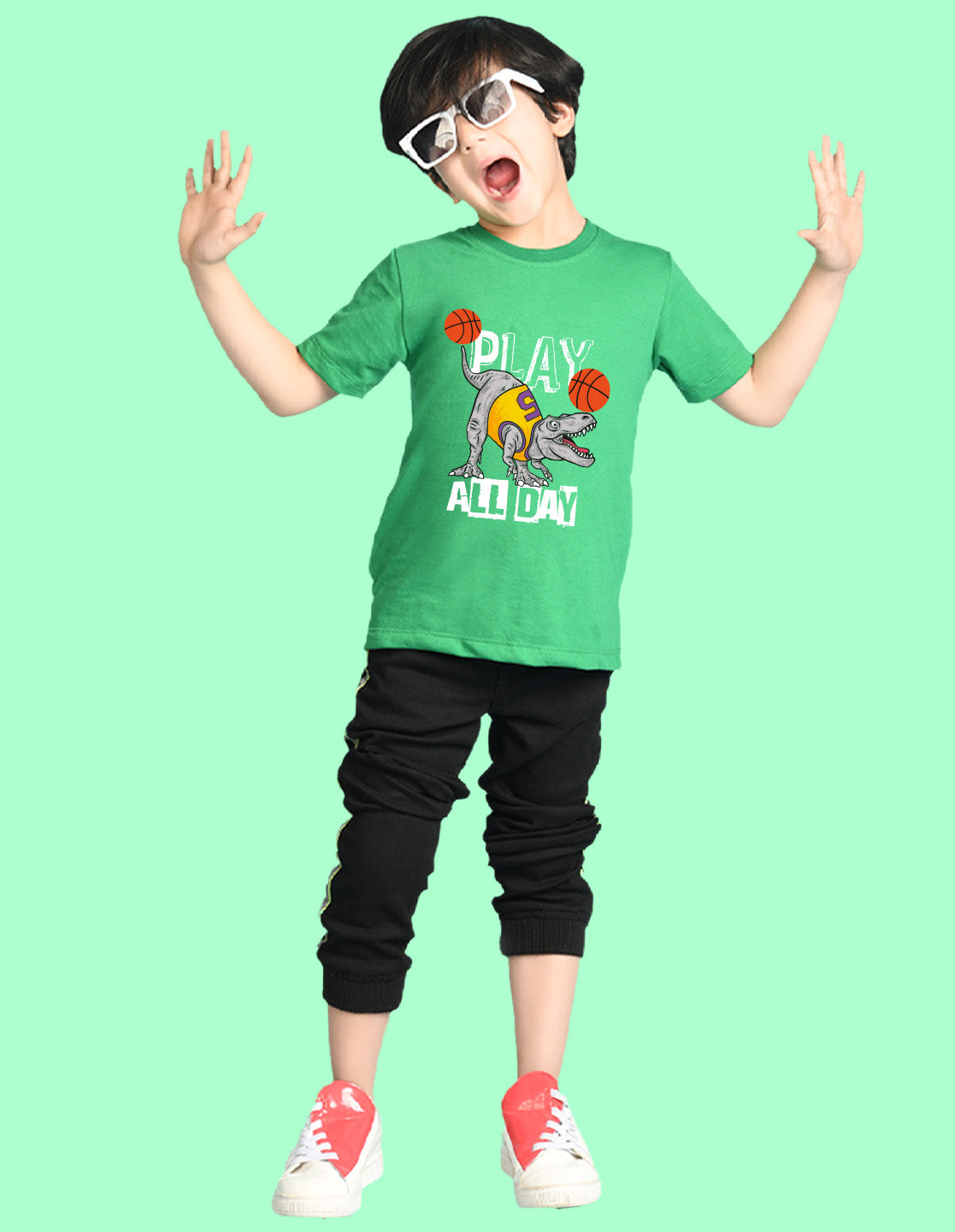 Nusyl Boys Green Play All Day Text Printed Short Sleeve Oversized T-Shirt
