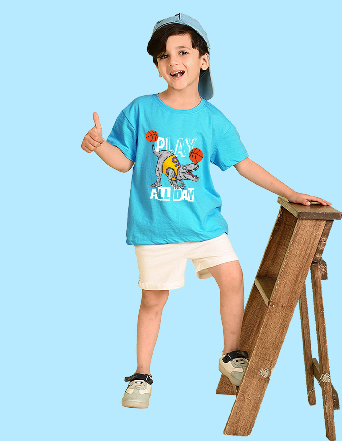 Nusyl Boys Sky Blue Play All Day Text Printed Short Sleeve Oversized T-Shirt