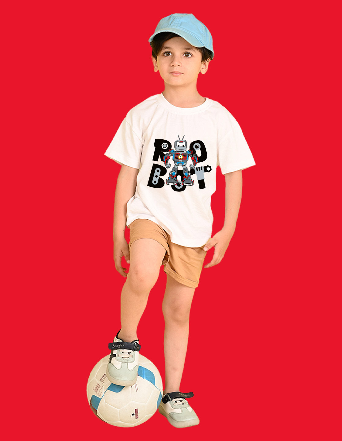 Nusyl Boys White Robot Text Printed Short Sleeve Oversized T-Shirt