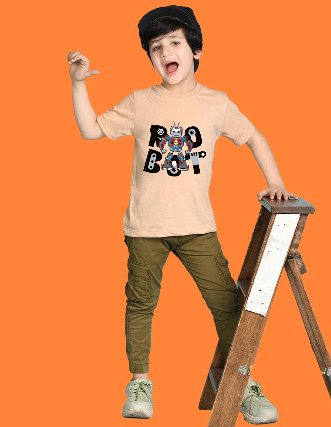 Nusyl Boys Beige Robot Text Printed Short Sleeve Oversized T-Shirt