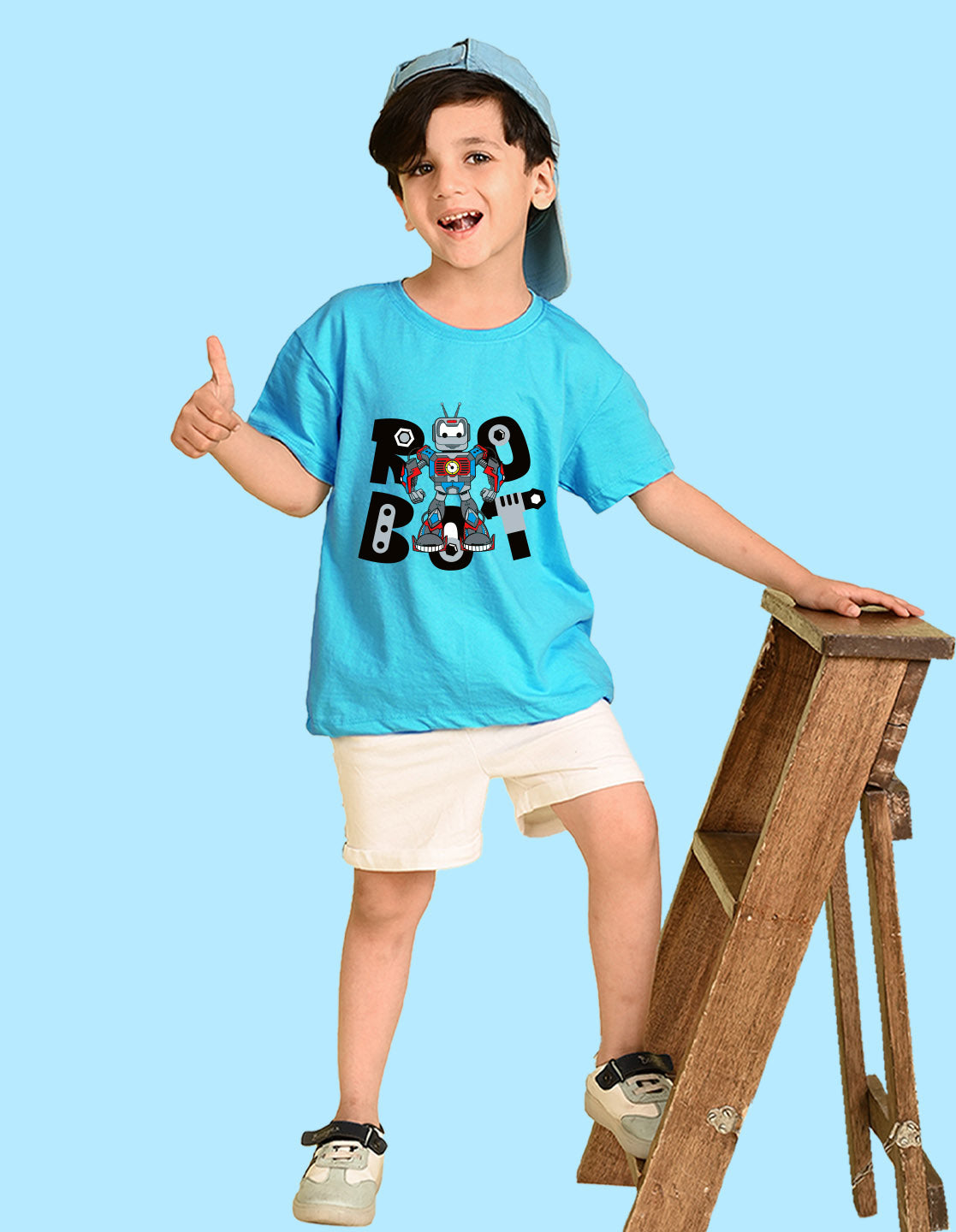 Nusyl Boys Sky Blue Robot Text Printed Short Sleeve Oversized T-Shirt