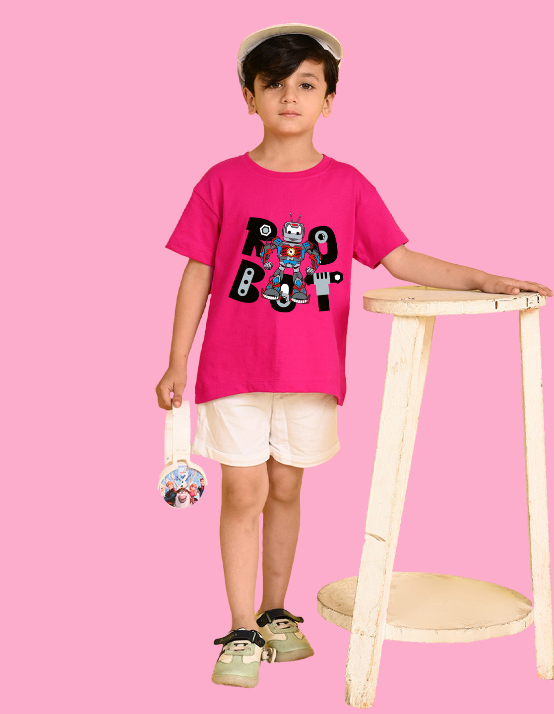 Nusyl Boys Hot Pink Robot Text Printed Short Sleeve Oversized T-Shirt