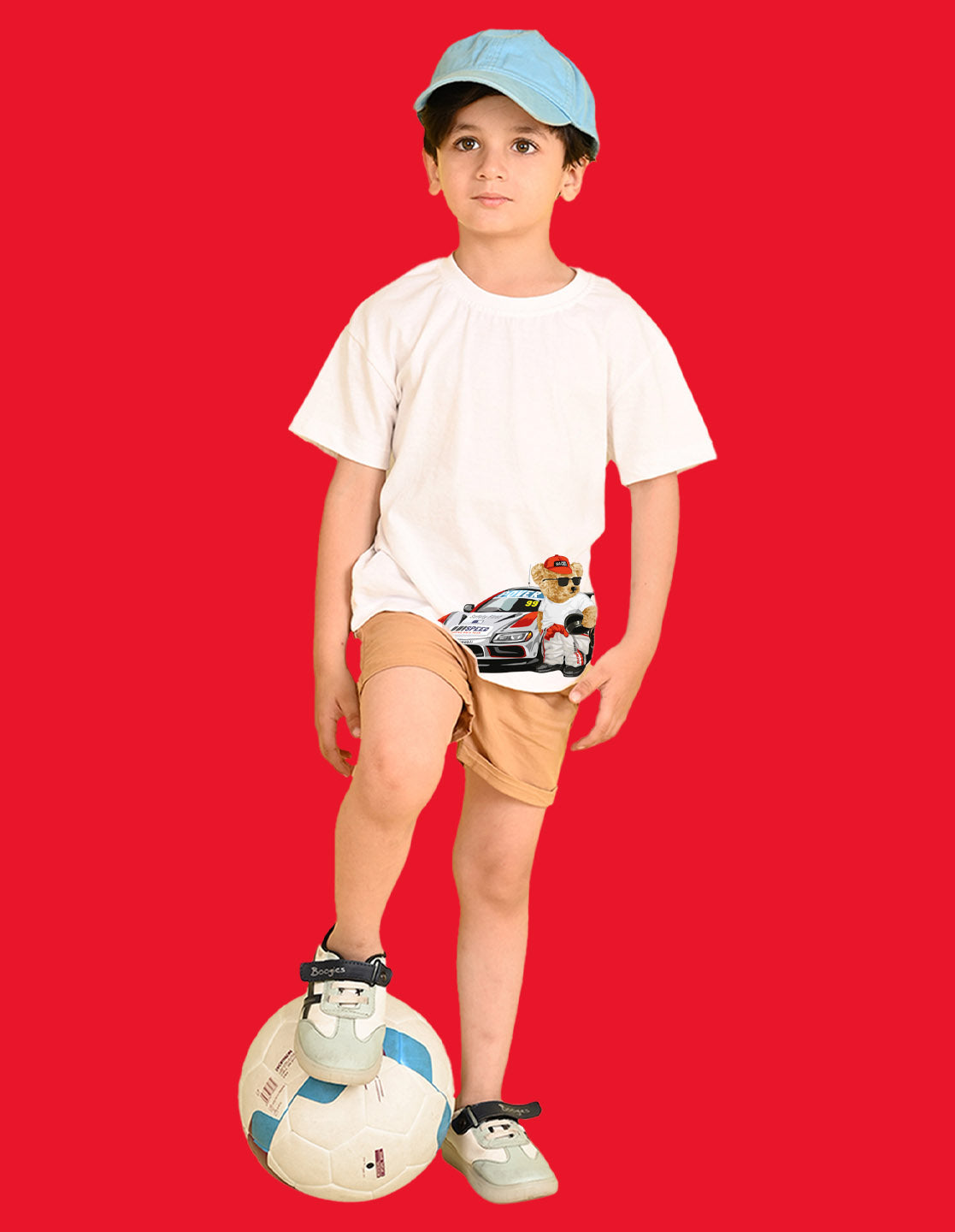 Nusyl Boys White Racing Car & Teddy Bear Printed Short Sleeve Oversized T-Shirt