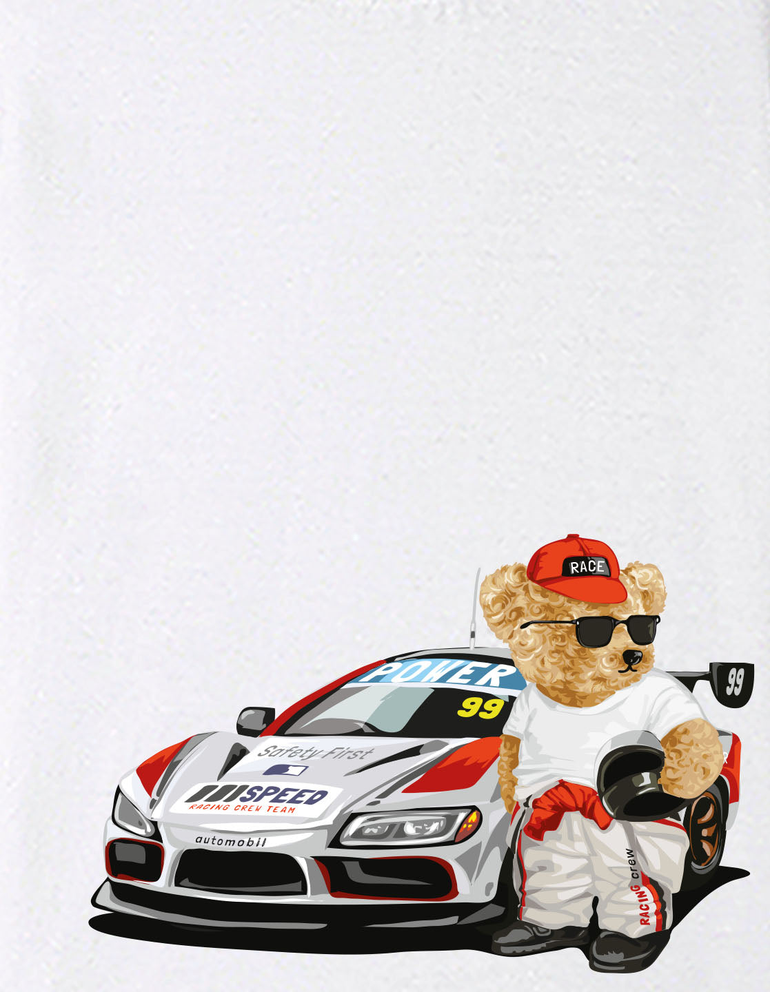 Nusyl Boys White Racing Car & Teddy Bear Printed Short Sleeve Oversized T-Shirt