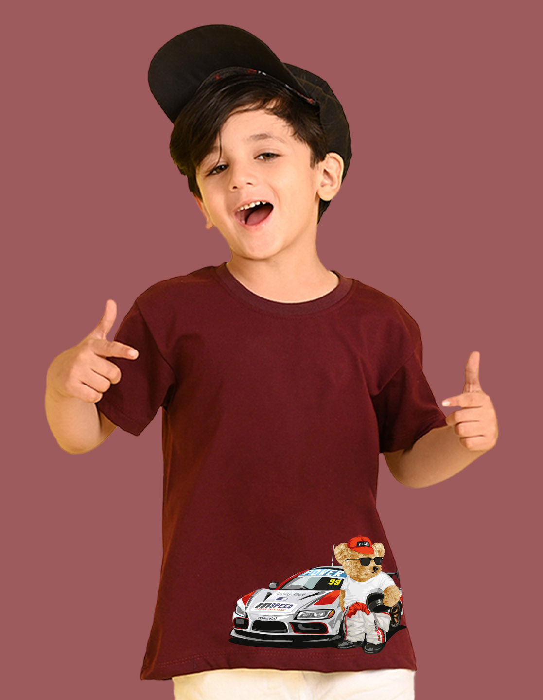 Nusyl Boys Wine Racing Car & Teddy Bear Printed Short Sleeve Oversized T-Shirt