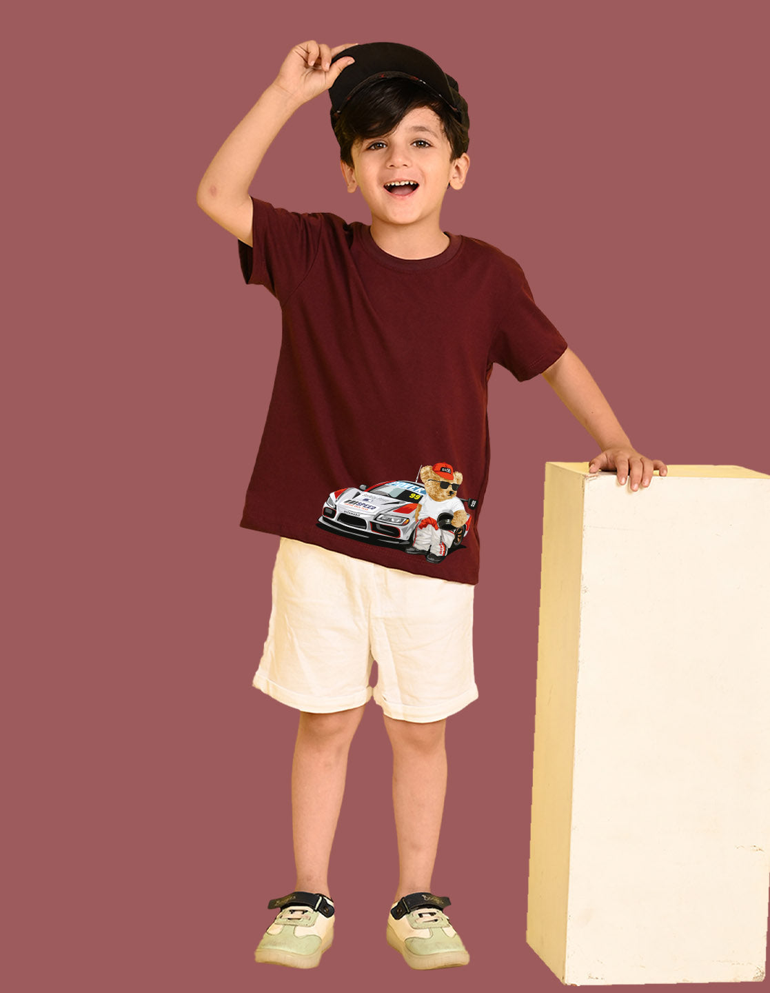 Nusyl Boys Wine Racing Car & Teddy Bear Printed Short Sleeve Oversized T-Shirt