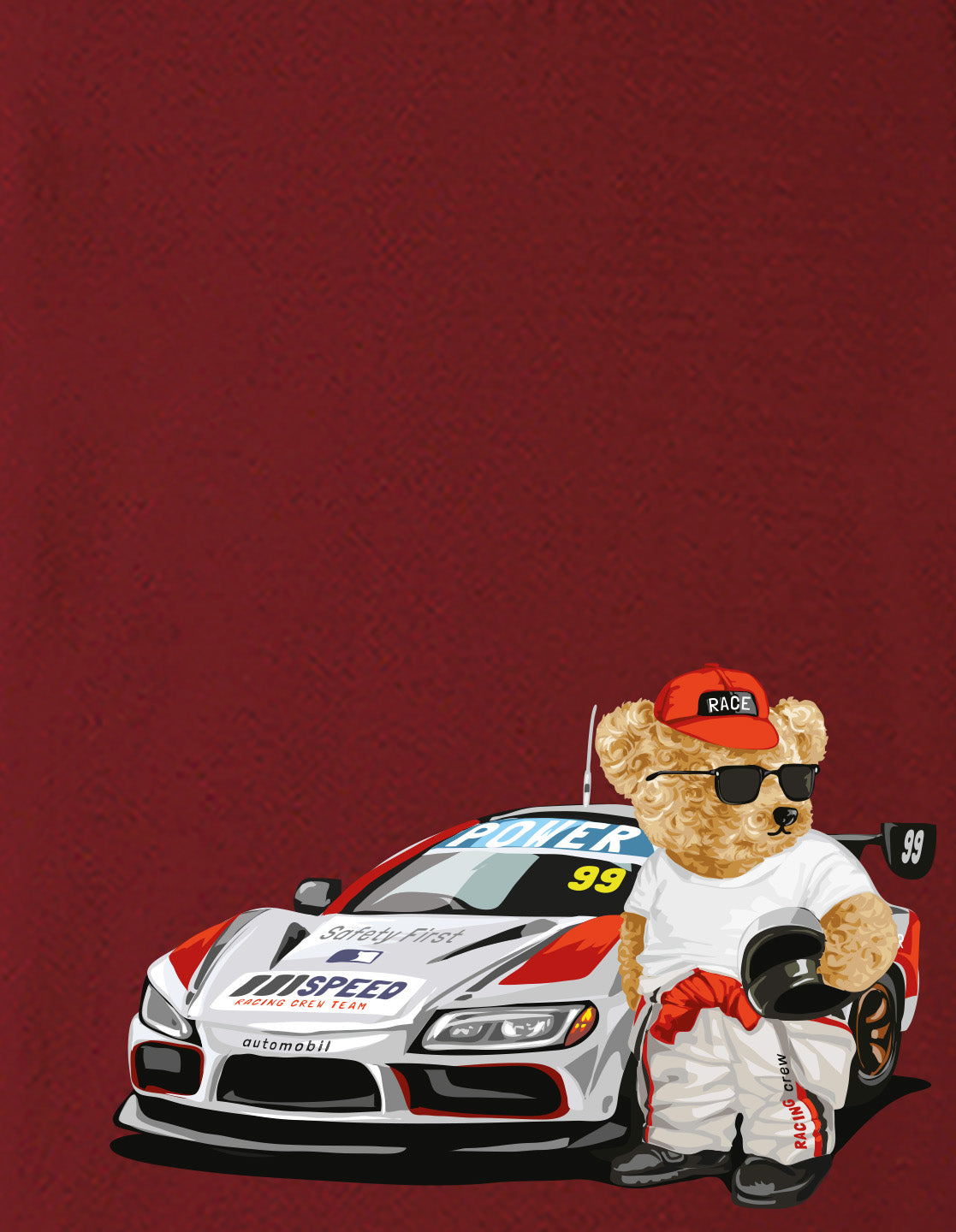 Nusyl Boys Wine Racing Car & Teddy Bear Printed Short Sleeve Oversized T-Shirt