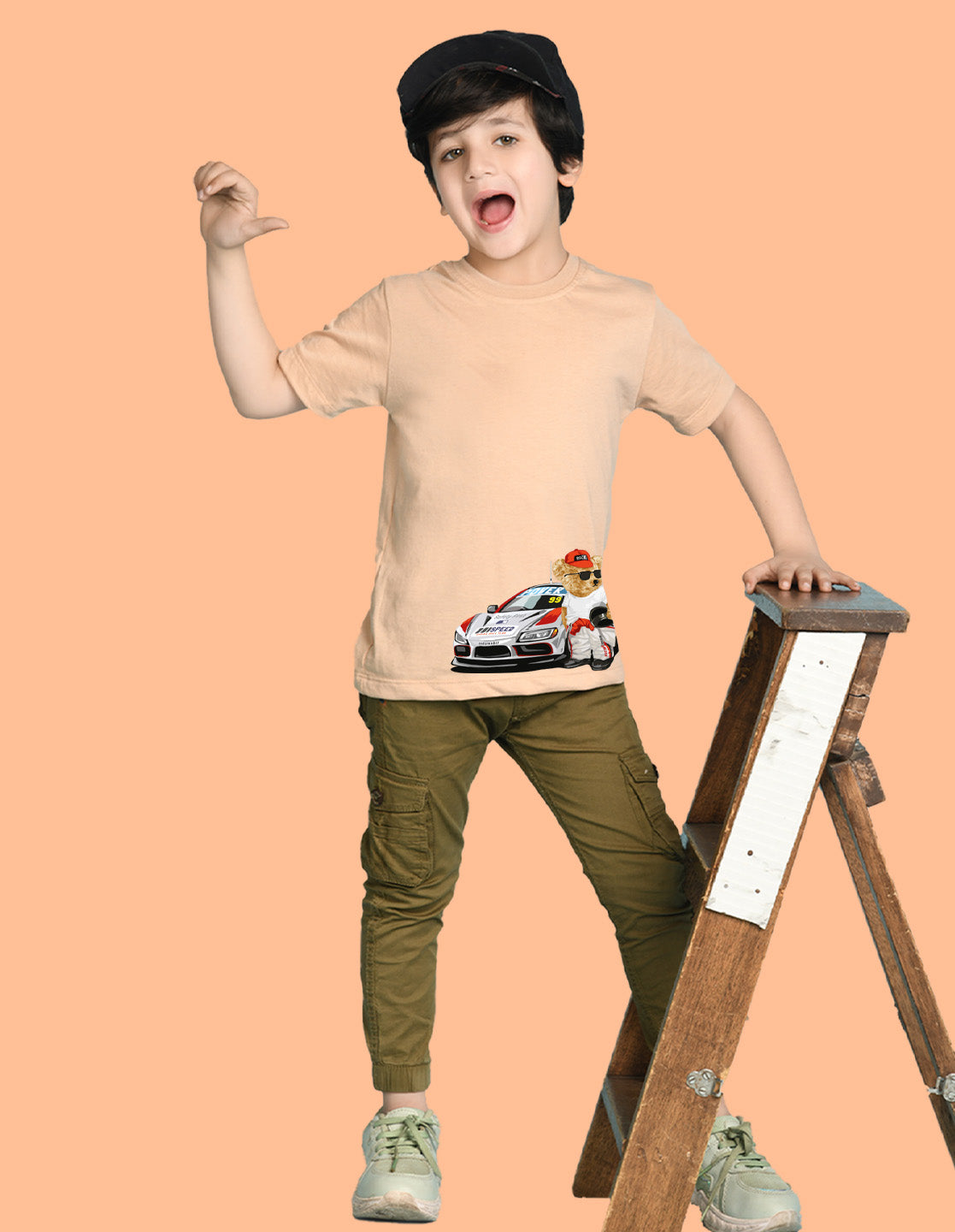 Nusyl Boys Beige Racing Car & Teddy Bear Printed Short Sleeve Oversized T-Shirt