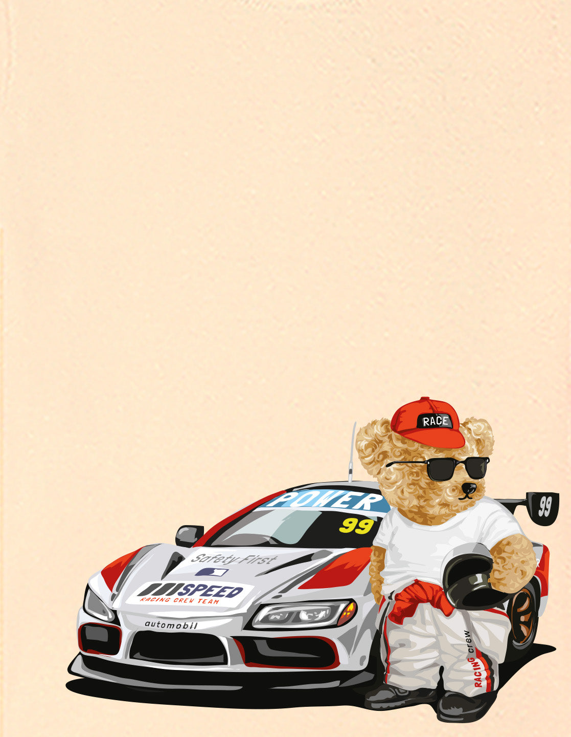 Nusyl Boys Beige Racing Car & Teddy Bear Printed Short Sleeve Oversized T-Shirt