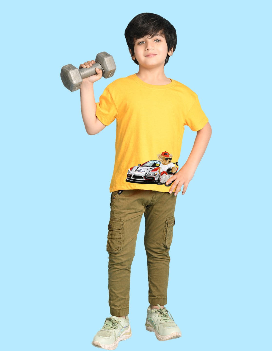 Nusyl Boys Yellow Racing Car & Teddy Bear Printed Short Sleeve Oversized T-Shirt