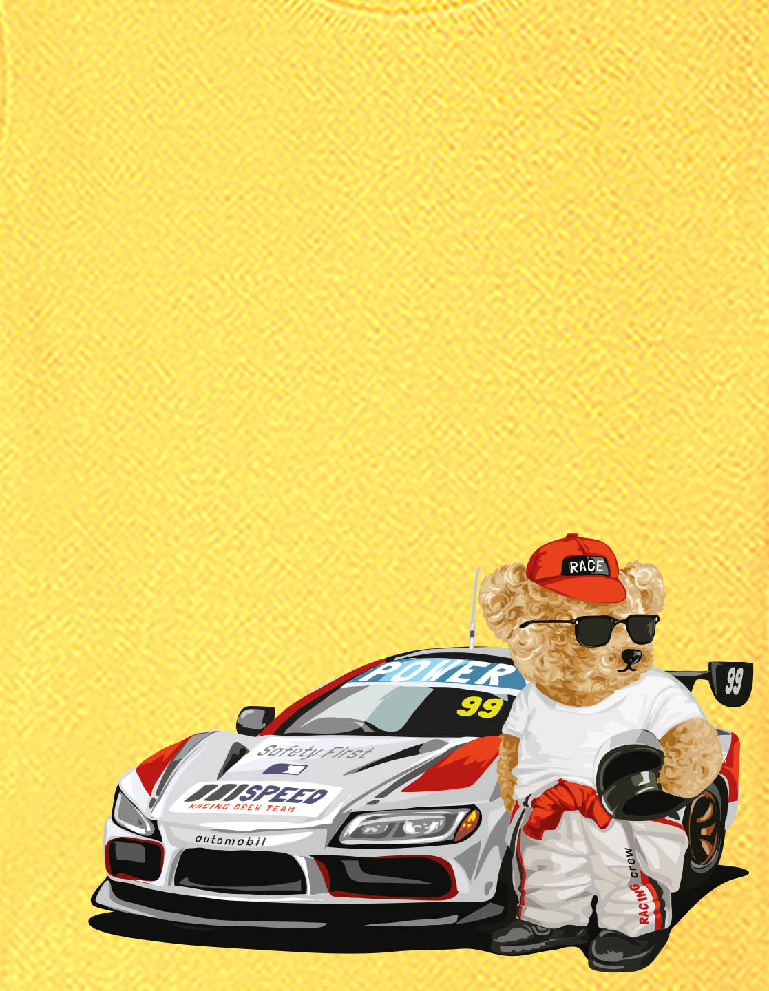 Nusyl Boys Yellow Racing Car & Teddy Bear Printed Short Sleeve Oversized T-Shirt