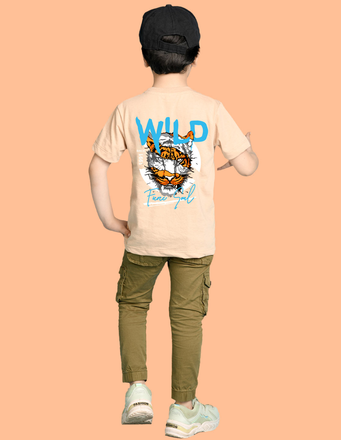 Nusyl Boys Beige Wild Text Printed Short Sleeve Oversized T-Shirt