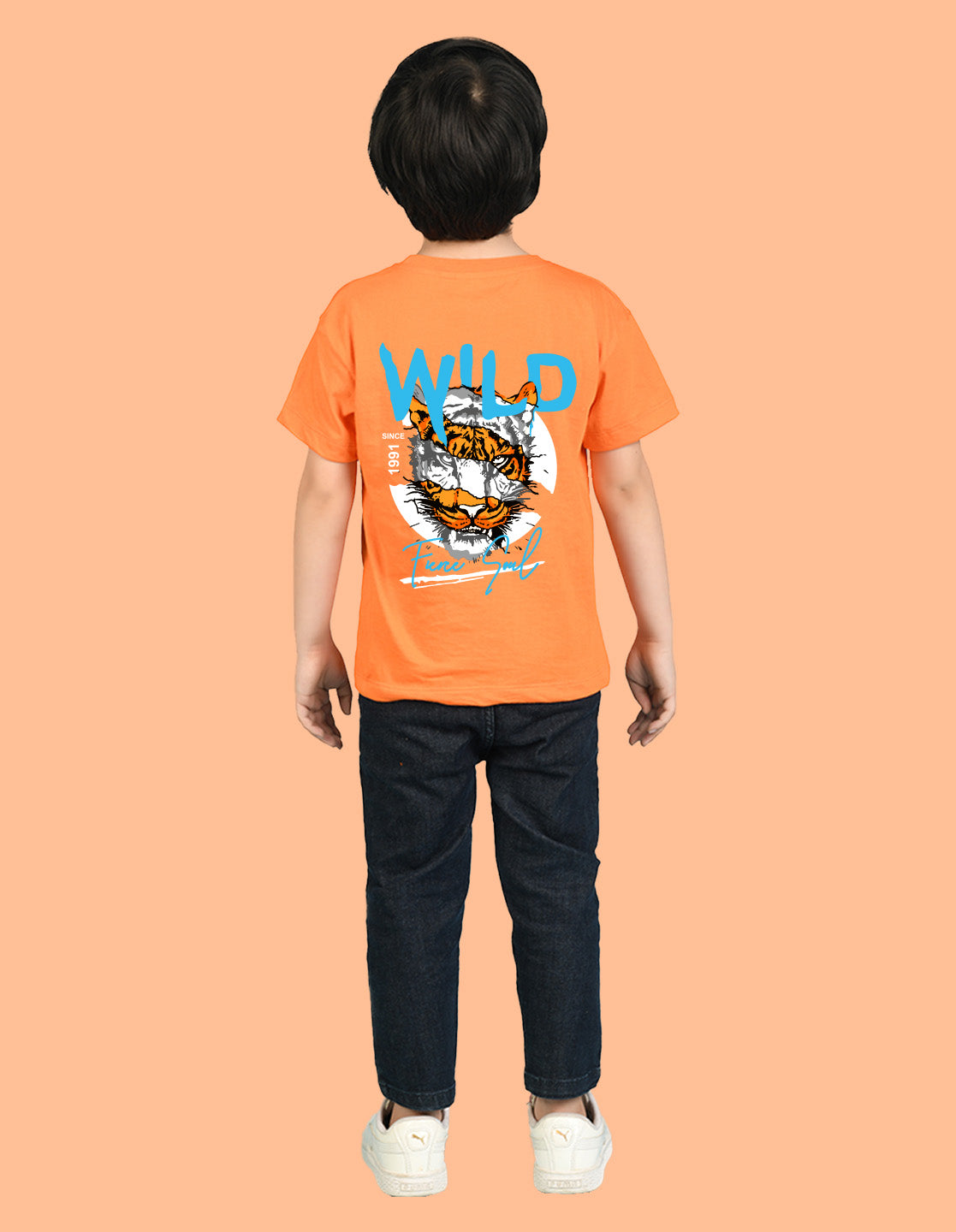 Nusyl Boys Orange Wild Text Printed Short Sleeve Oversized T-Shirt