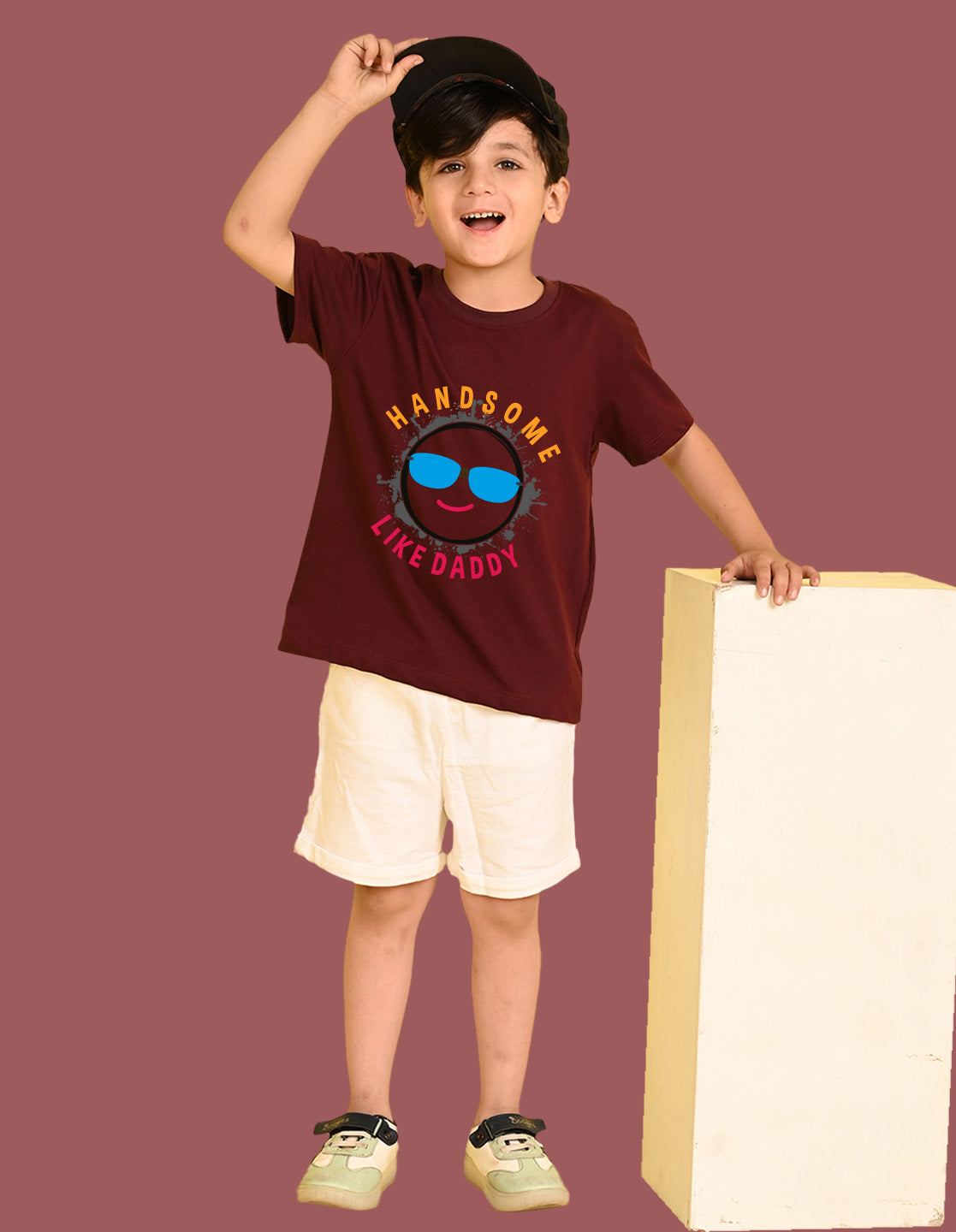 Nusyl Boys Wine Hand Some Text Printed Short Sleeve Oversized T-Shirt