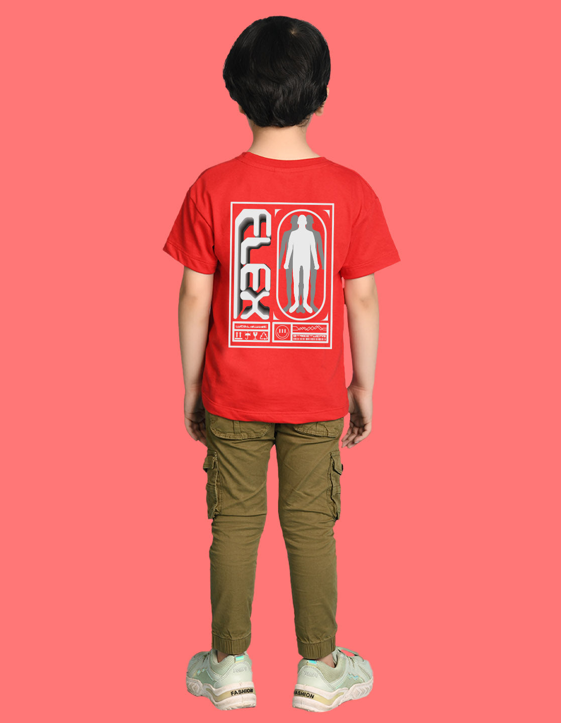 Nusyl Boys Red Flex Text Printed Short Sleeve Oversized T-Shirt