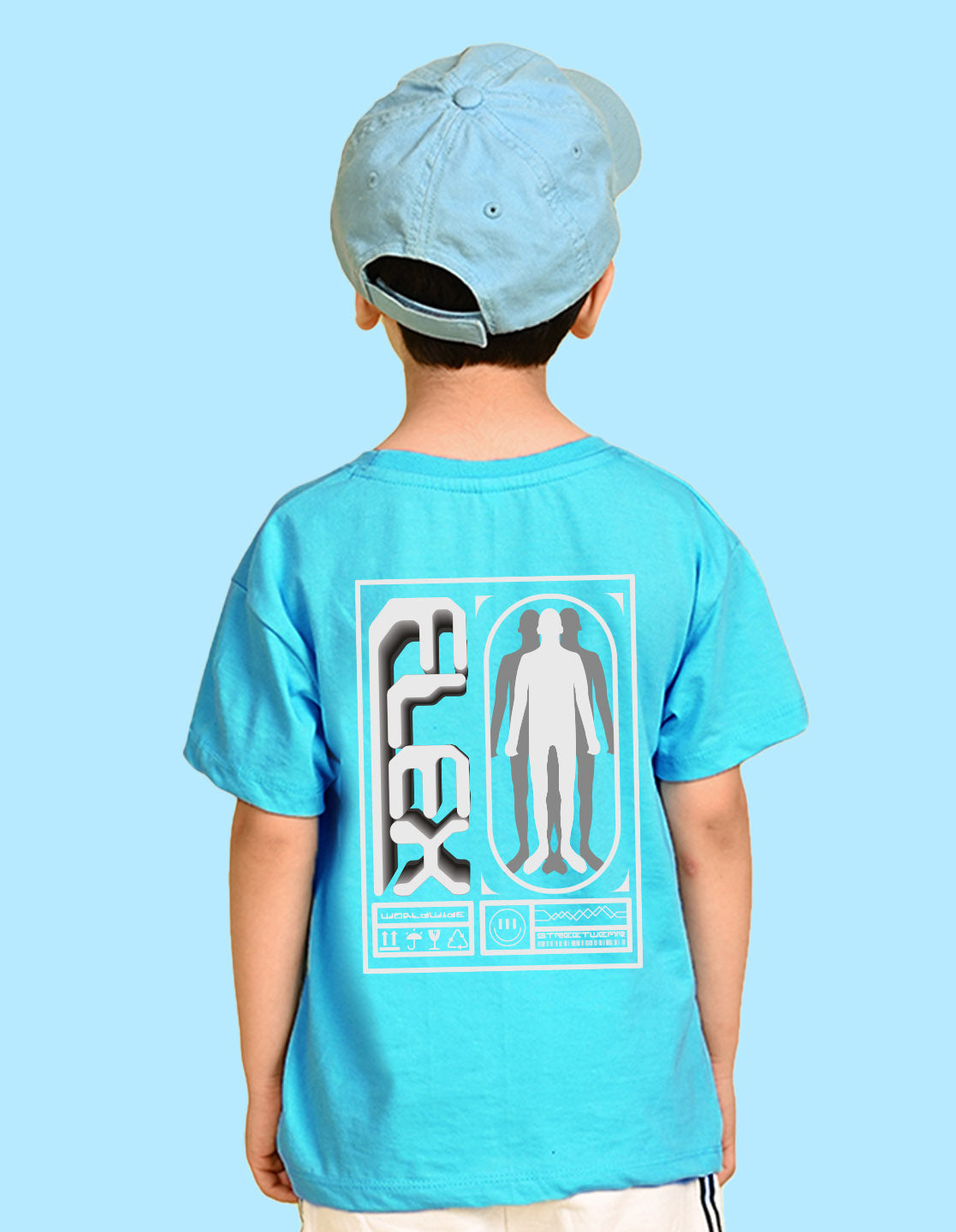 Nusyl Boys Sky Blue Flex Text Printed Short Sleeve Oversized T-Shirt