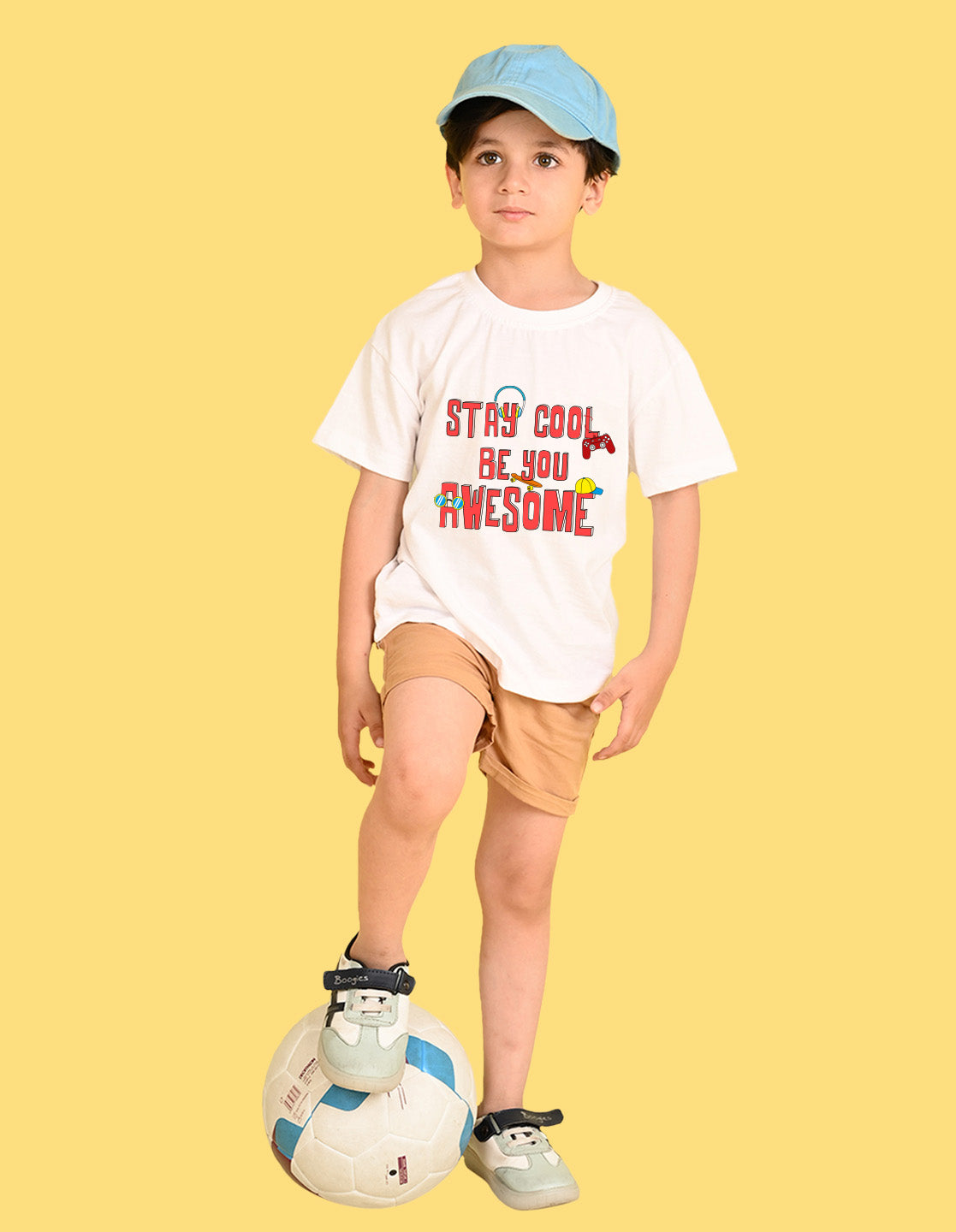 Nusyl Boys White Stay Cool Be You Awesome Text Printed Short Sleeve Oversized T-Shirt