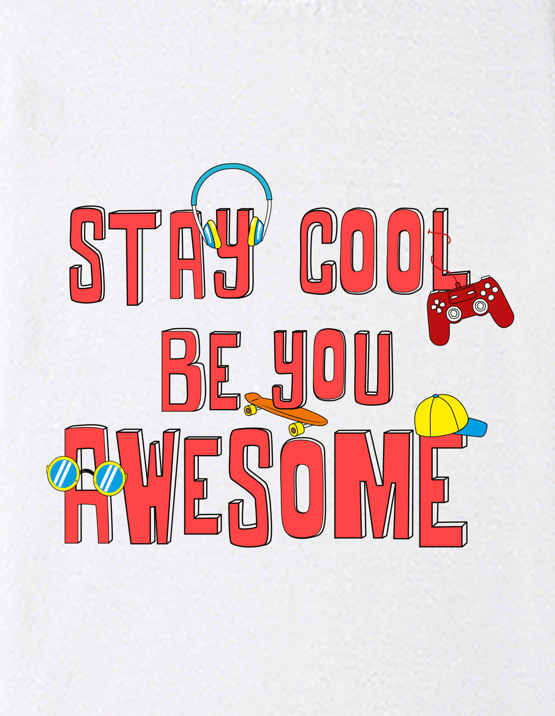 Nusyl Boys White Stay Cool Be You Awesome Text Printed Short Sleeve Oversized T-Shirt
