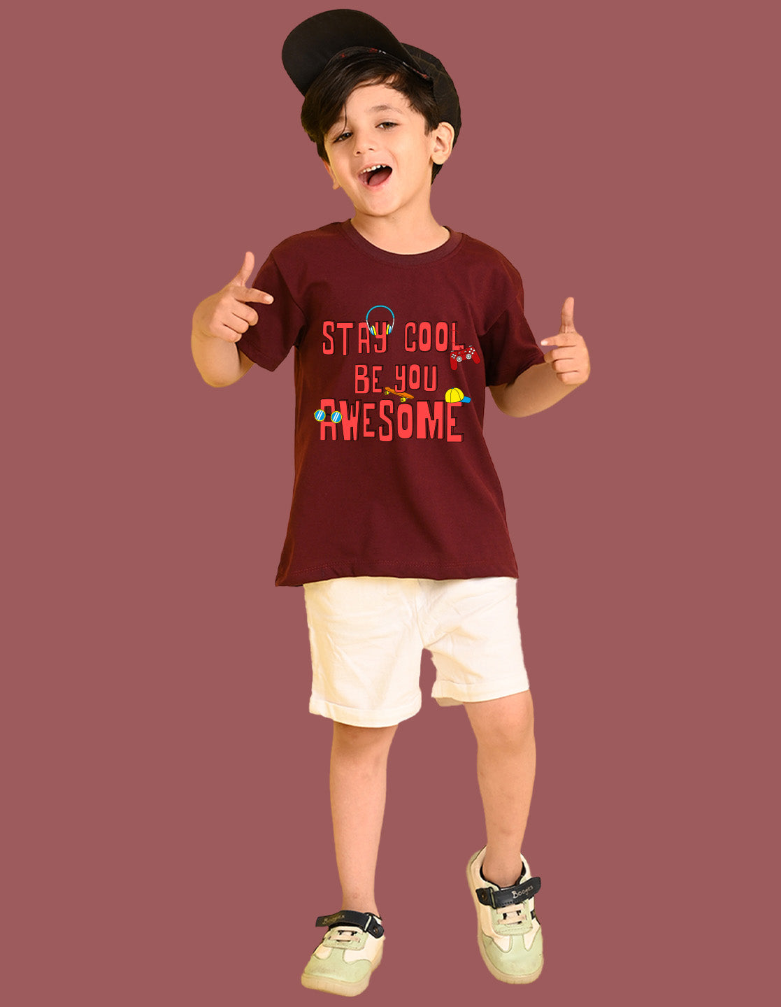 Nusyl Boys Wine Stay Cool Be You Awesome Text Printed Short Sleeve Oversized T-Shirt