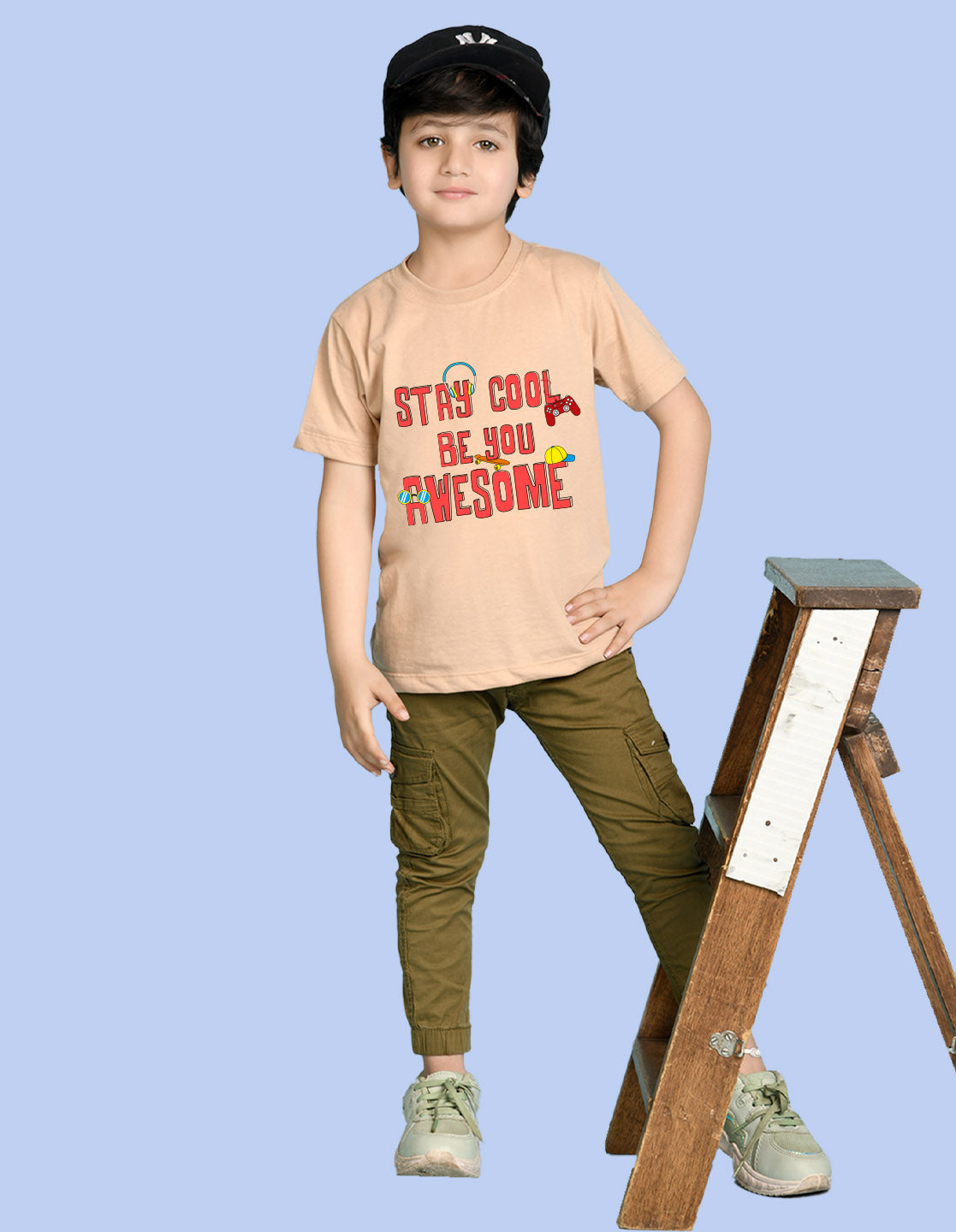 Nusyl Boys Beige Stay Cool Be You Awesome Text Printed Short Sleeve Oversized T-Shirt