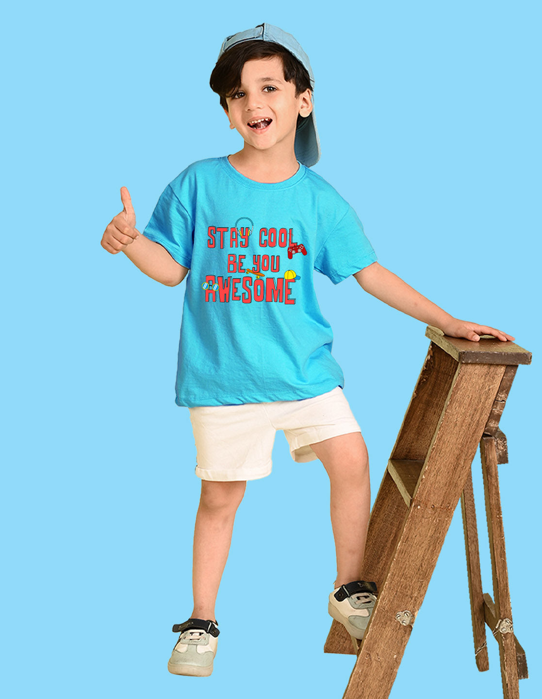 Nusyl Boys Sky Blue Stay Cool Be You Awesome Text Printed Short Sleeve Oversized T-Shirt
