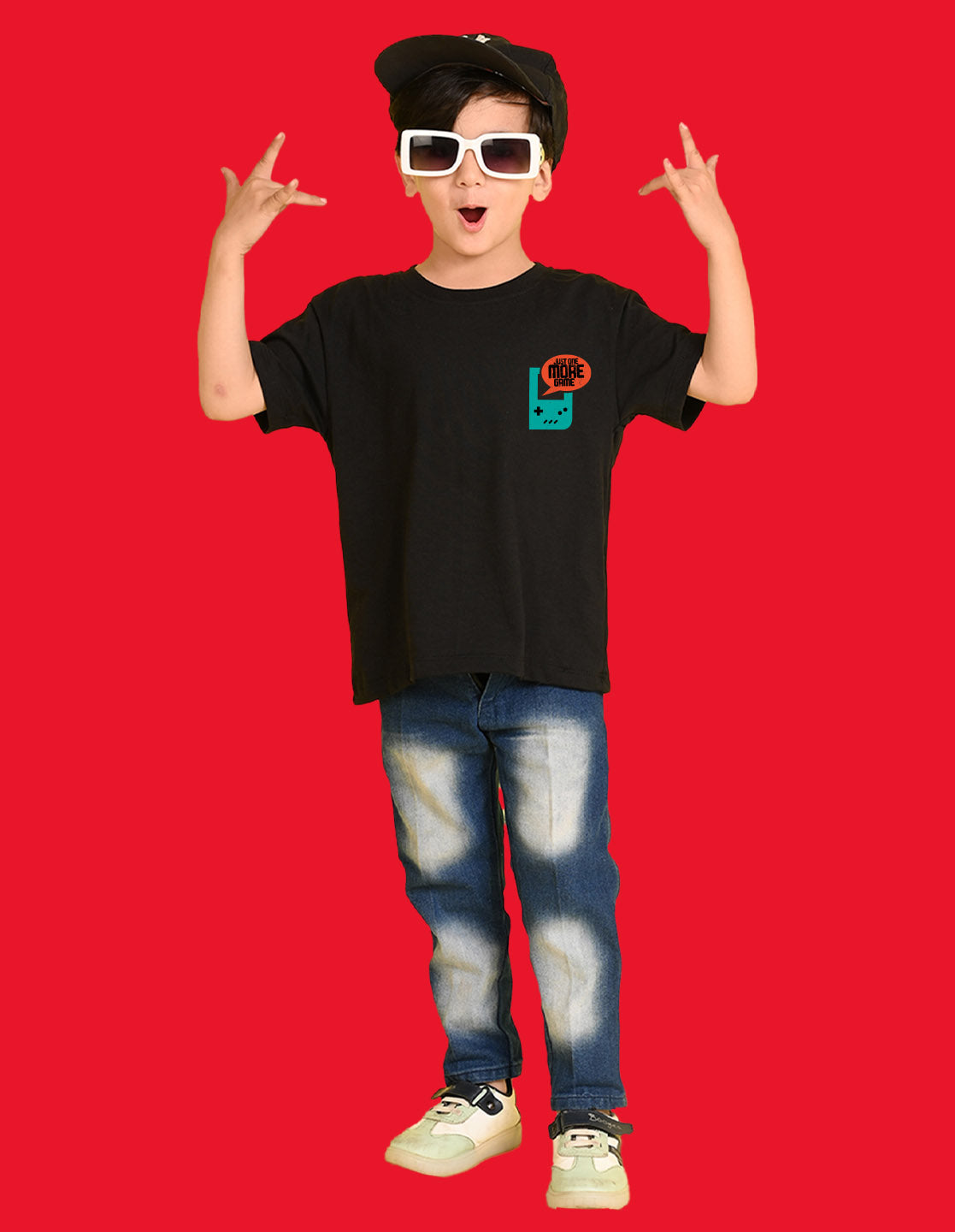 Nusyl Boys Black Just One More Game Text Printed Short Sleeve Oversized T-Shirt