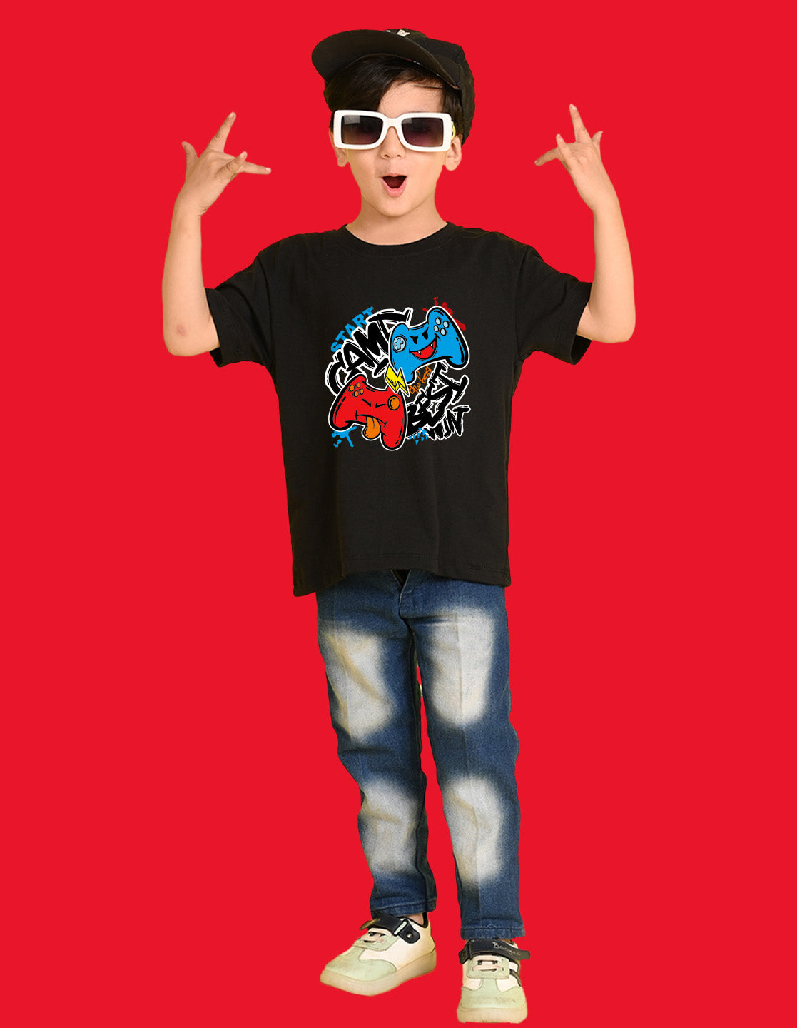 Nusyl Boys Black Best Win Text Printed Short Sleeve Oversized T-Shirt