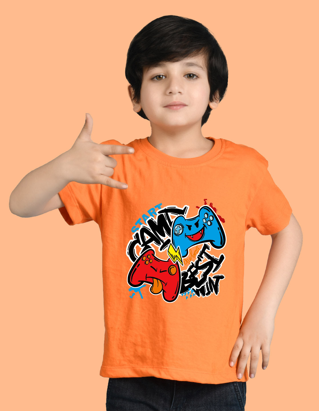 Nusyl Boys Orange Best Win Text Printed Short Sleeve Oversized T-Shirt