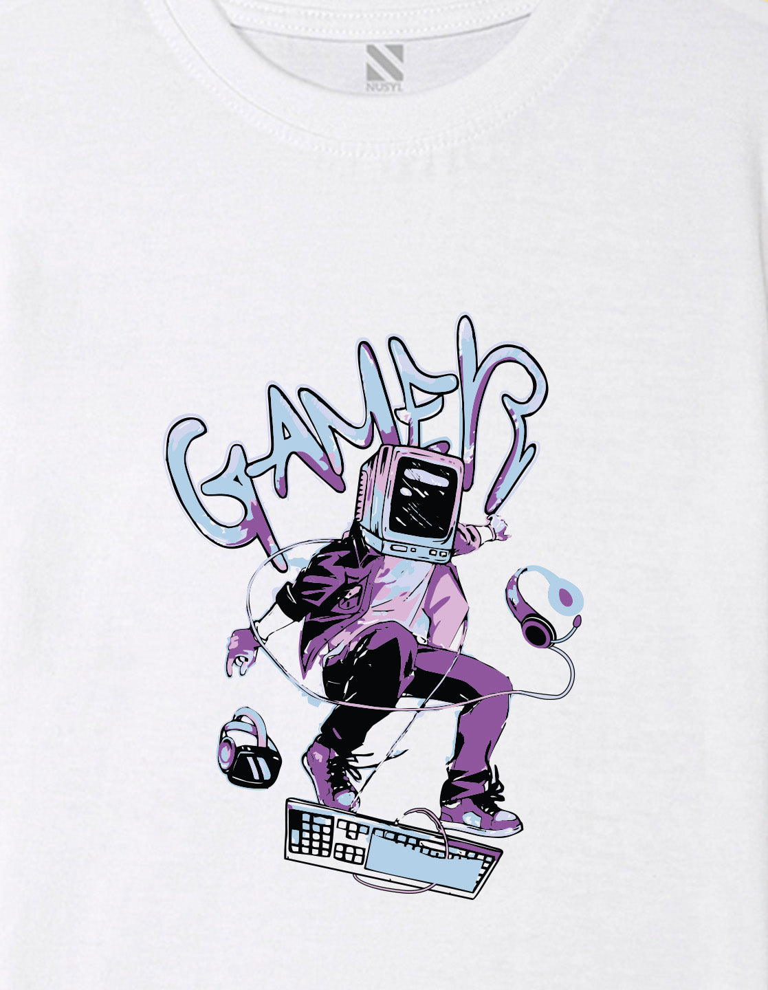 Nusyl Boys White Gamer Text Printed Short sleeve Cotton Blend Oversized T-shirts