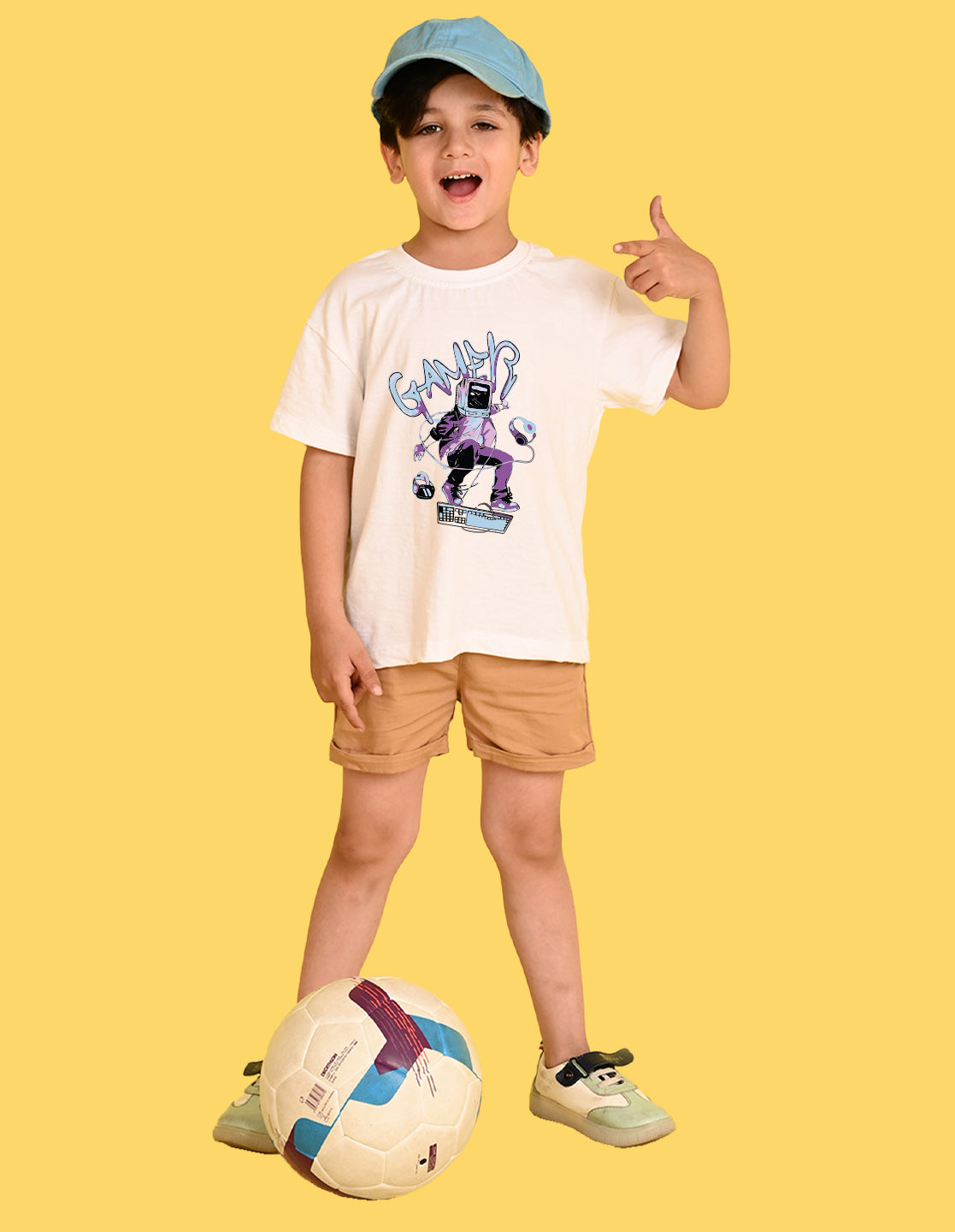 Nusyl Boys White Gamer Text Printed Short sleeve Cotton Blend Oversized T-shirts