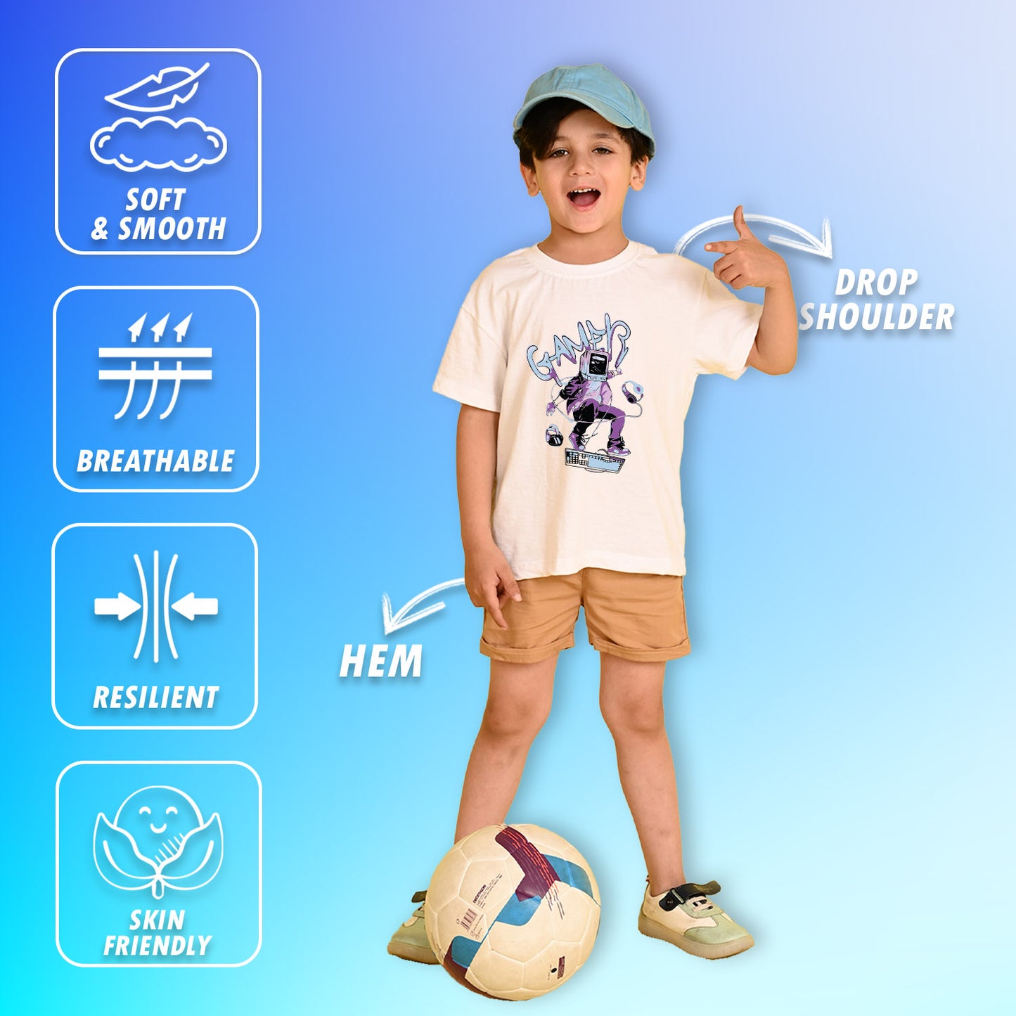 Nusyl Boys White Gamer Text Printed Short sleeve Cotton Blend Oversized T-shirts