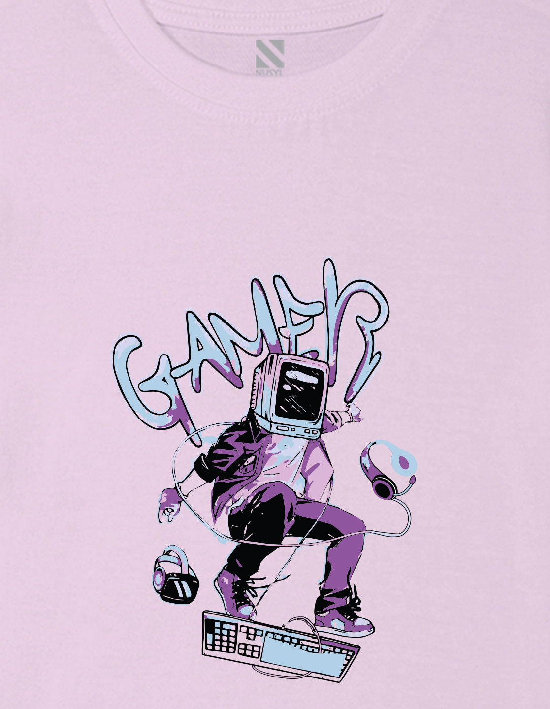 Nusyl Boys Lilac Gamer Text Printed Short sleeve Cotton Blend Oversized T-shirts