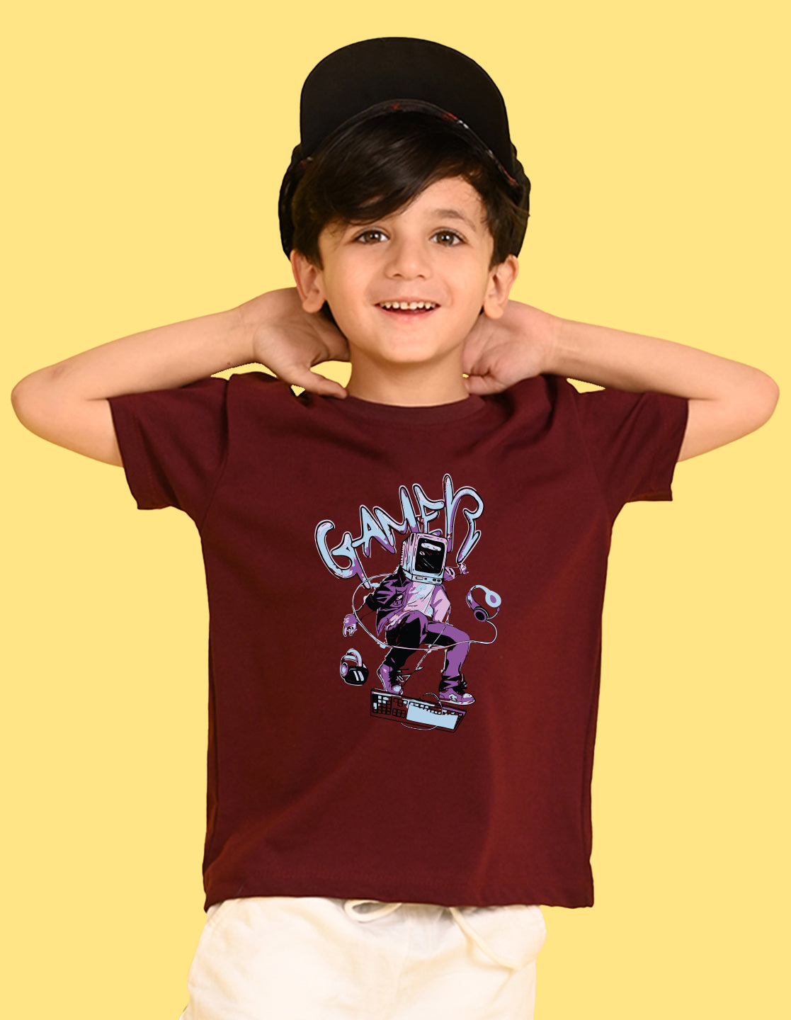 Nusyl Boys Wine Gamer Text Printed Short sleeve Cotton Blend Oversized T-shirts